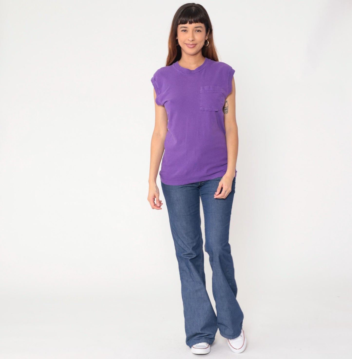90s Fruit of the Loom Purple Muscle Tee Cotton Pocket Crewneck Medium M