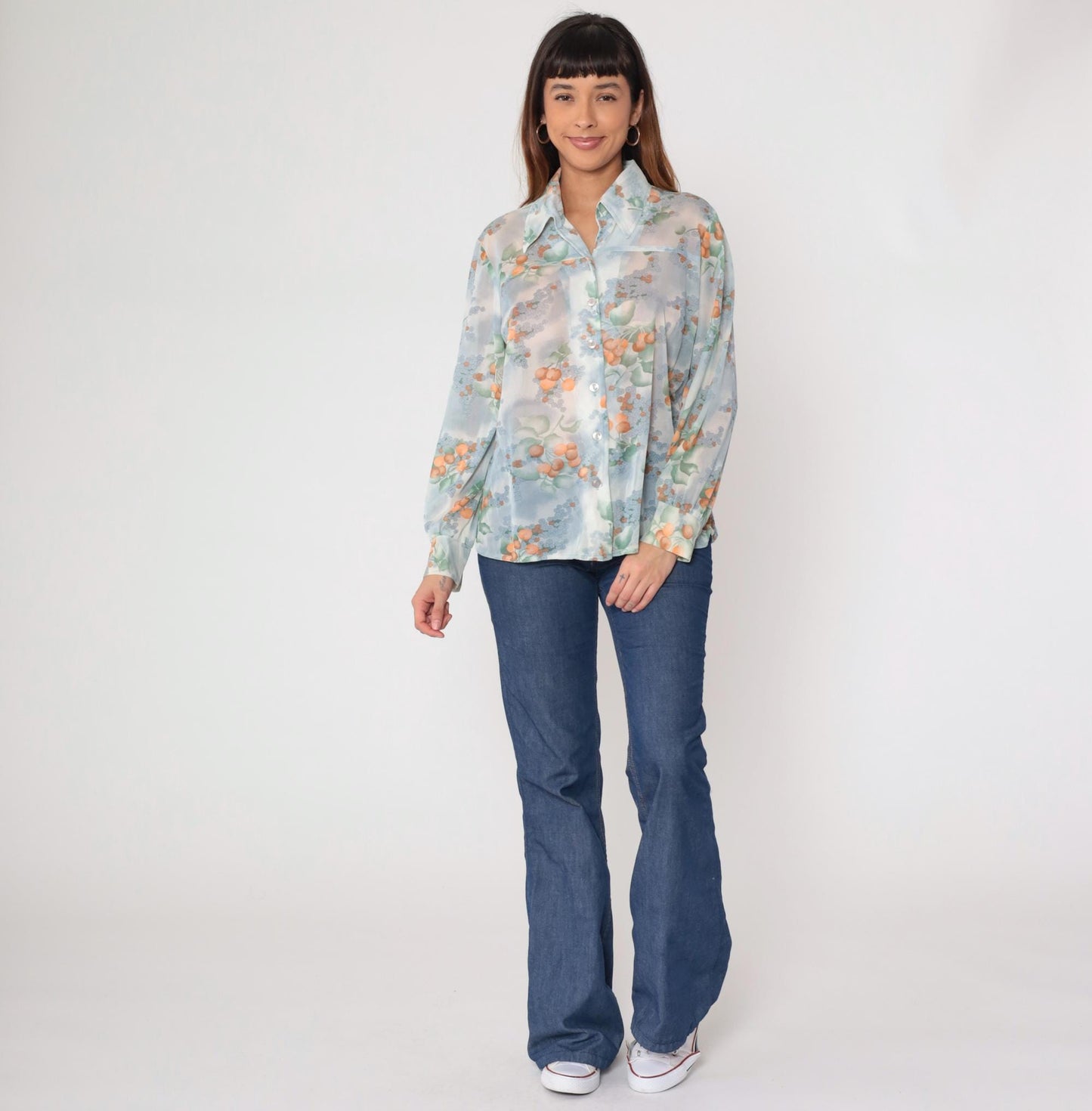 70s Berry Blouse Sheer Blue Orange Watercolor Floral Button Up Long Sleeve Large L