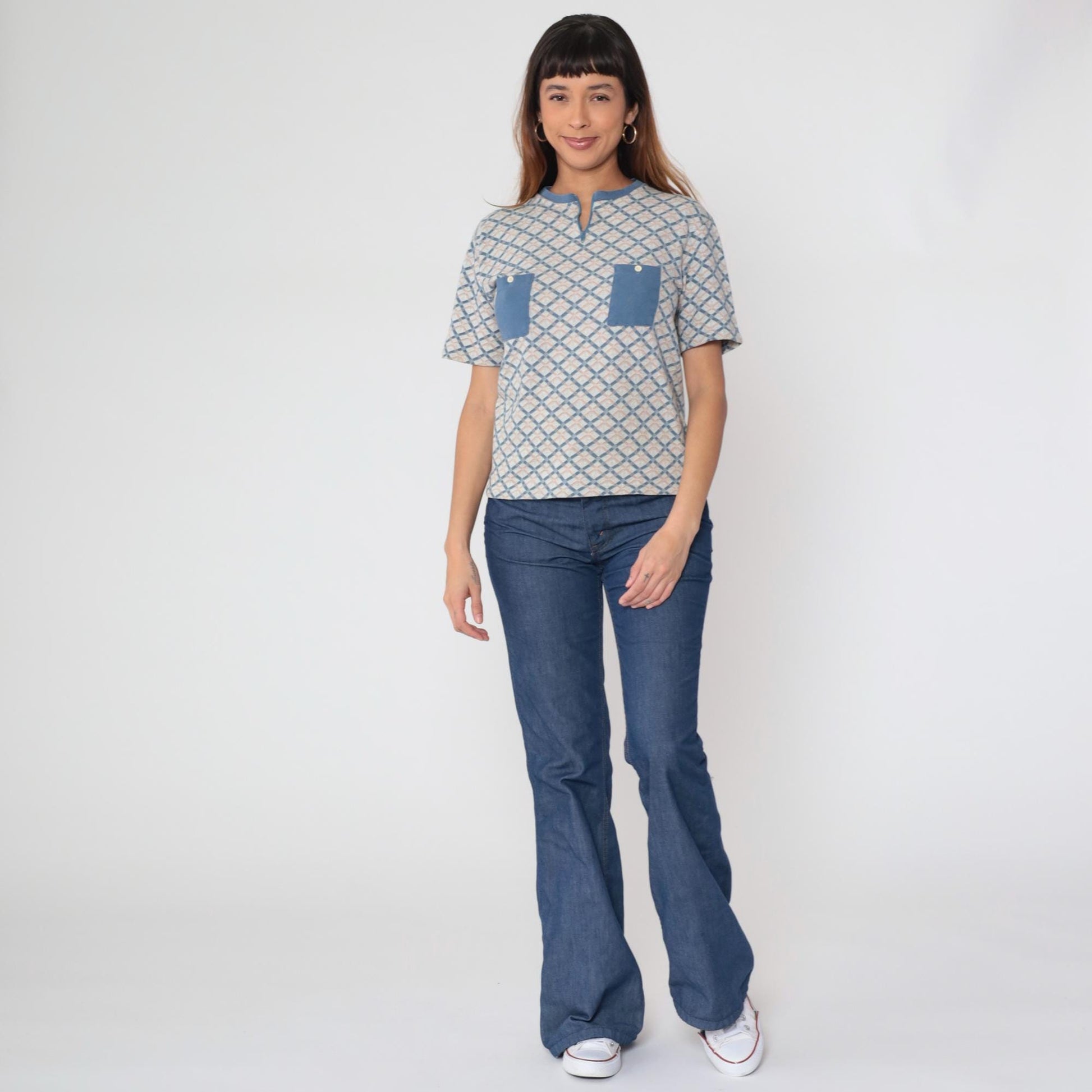 70s Mr. Alfred Diamond Knit Henley Pullover Blue Peach Cream Medium