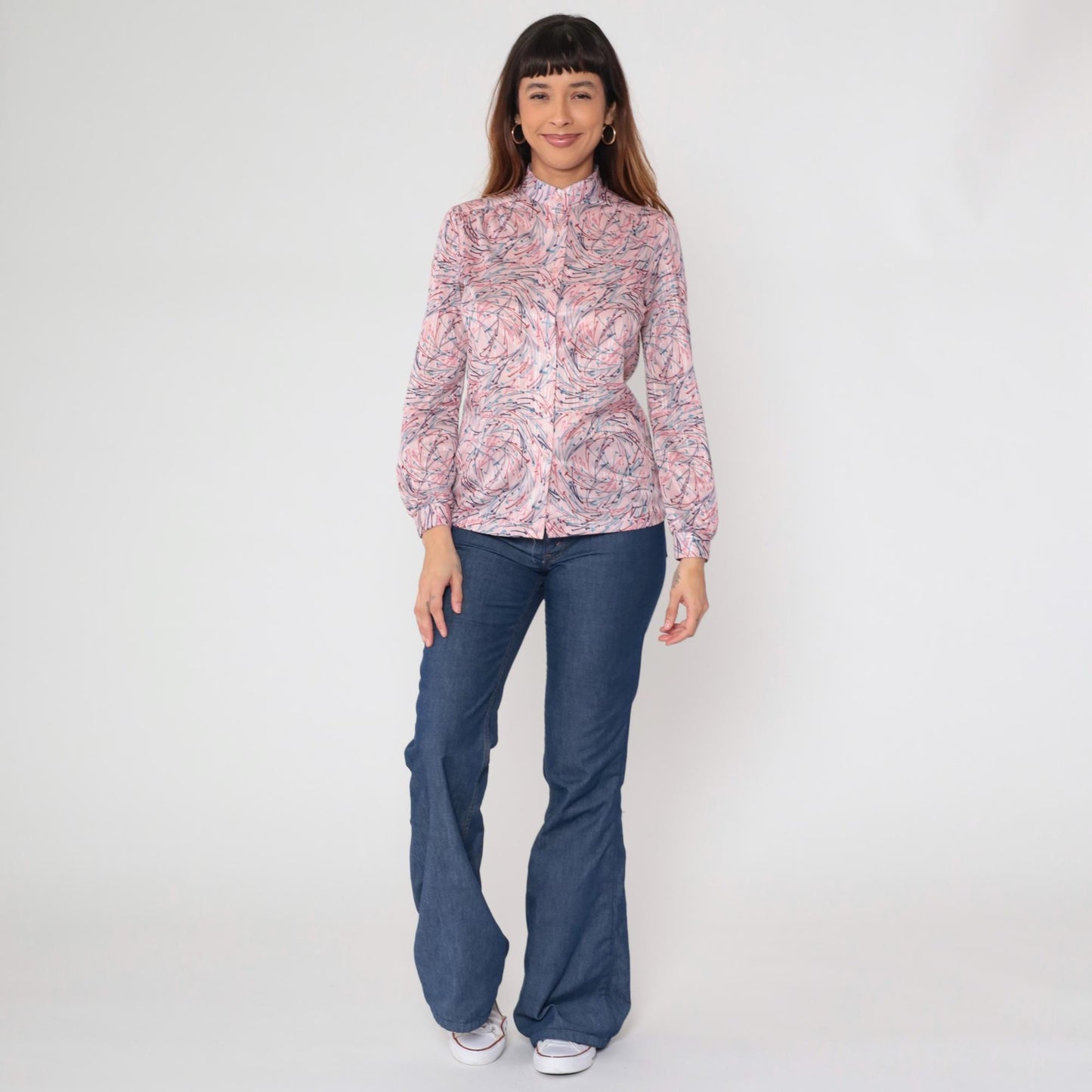 70s Devon Abstract Brushstroke Blouse Pink Navy Mandarin Collar Medium M
