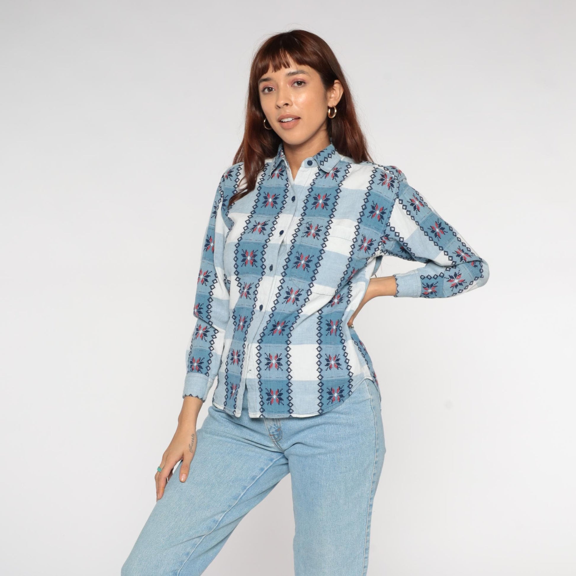 90s Keren Hart Southwestern Plaid Button Up Shirt Blue White Small S