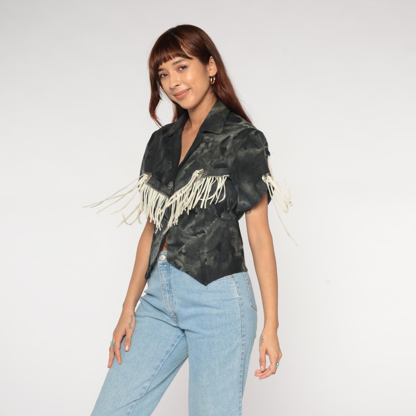 90s Western Fringe Blazer Black Camo Suede Cropped Jacket Small S