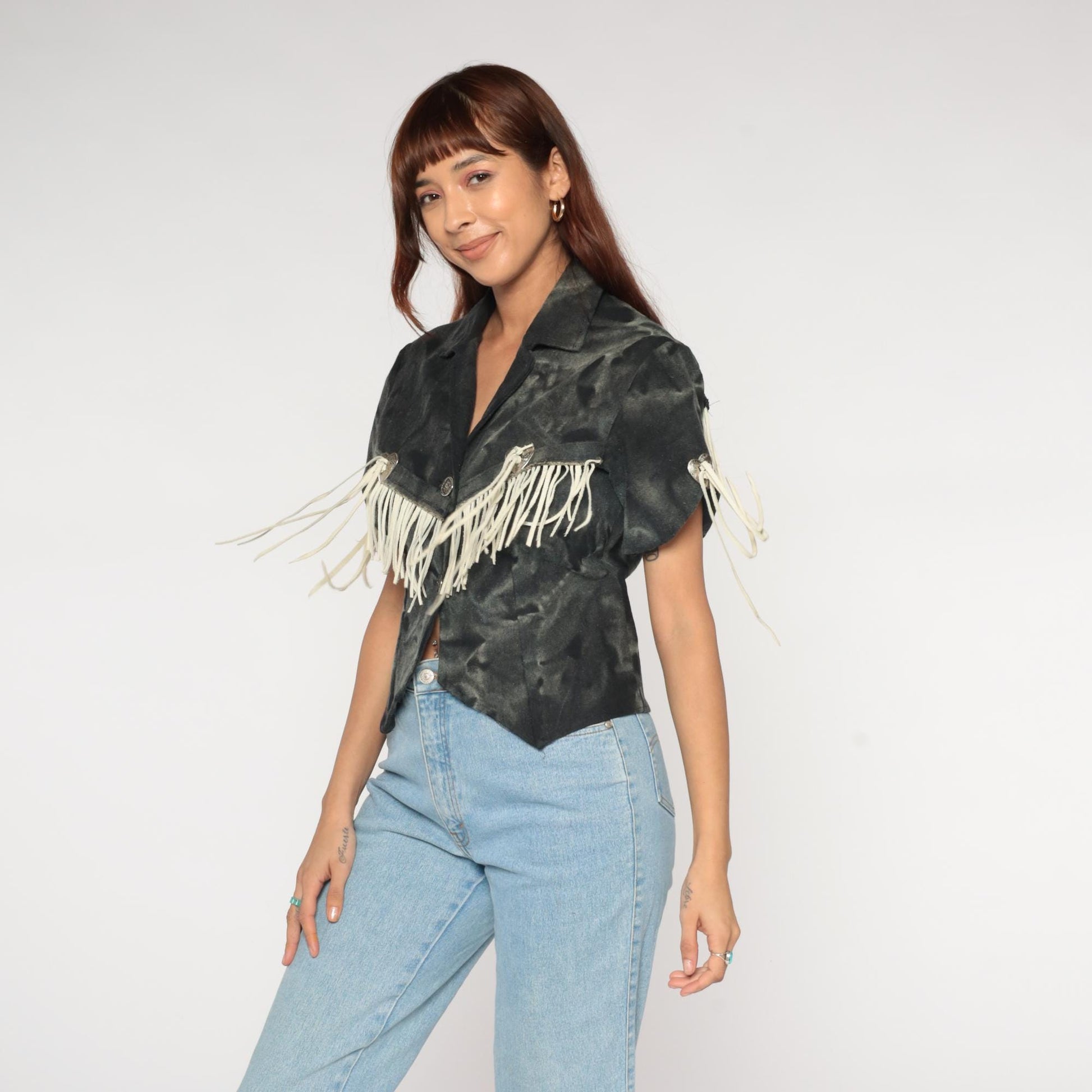 90s Western Fringe Blazer Black Camo Suede Cropped Jacket Small S