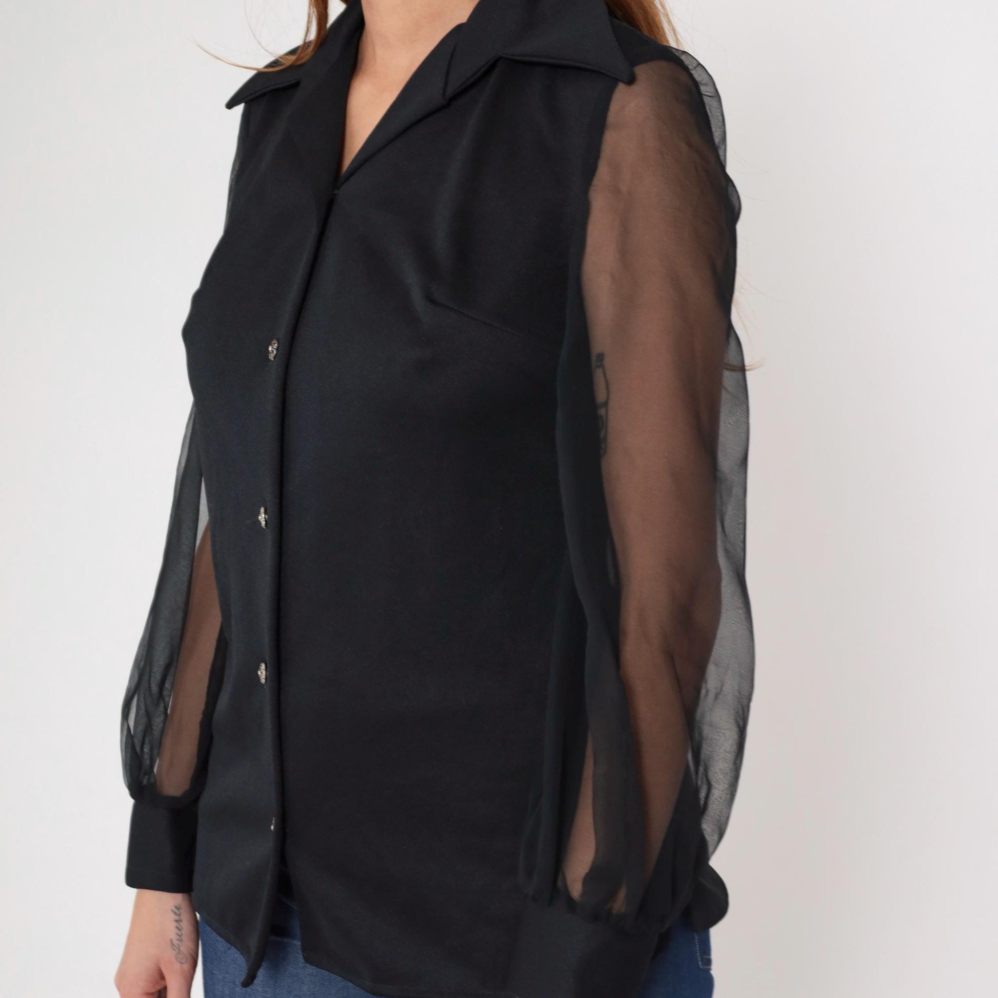 70s George Original California Black Chiffon Blouse Pointed Collar Long Sleeve Small