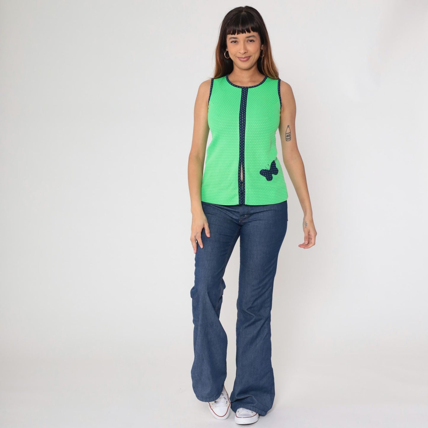 70s Green Butterfly Sleeveless Tank Top Polka Dot Knit Navy Trim Extra Small XS