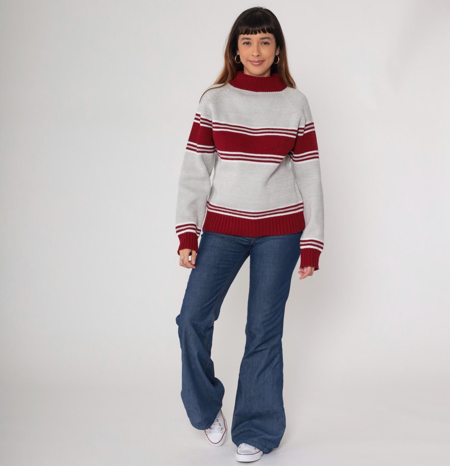 70s Craig Noble Mock Neck Sweater Red Grey Stripe Knit Medium