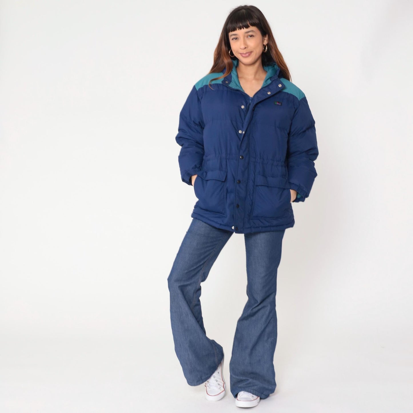 Y2K REI Goose Down Puffer Jacket Navy Teal Colorblock Hooded Extra Large XL