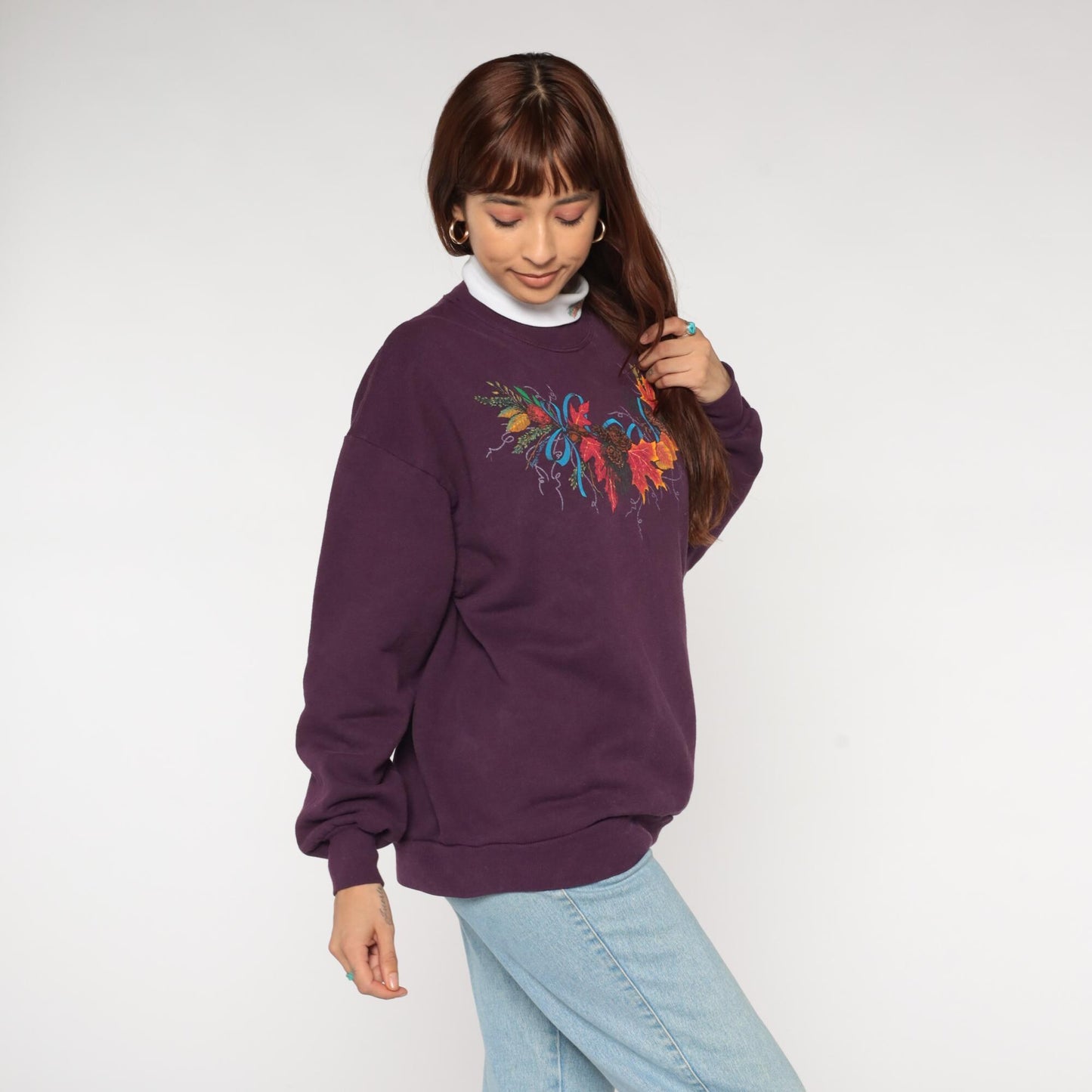90s Jerzees Purple Autumn Sweatshirt Maple Leaf Pinecone Graphic Extra Large XL
