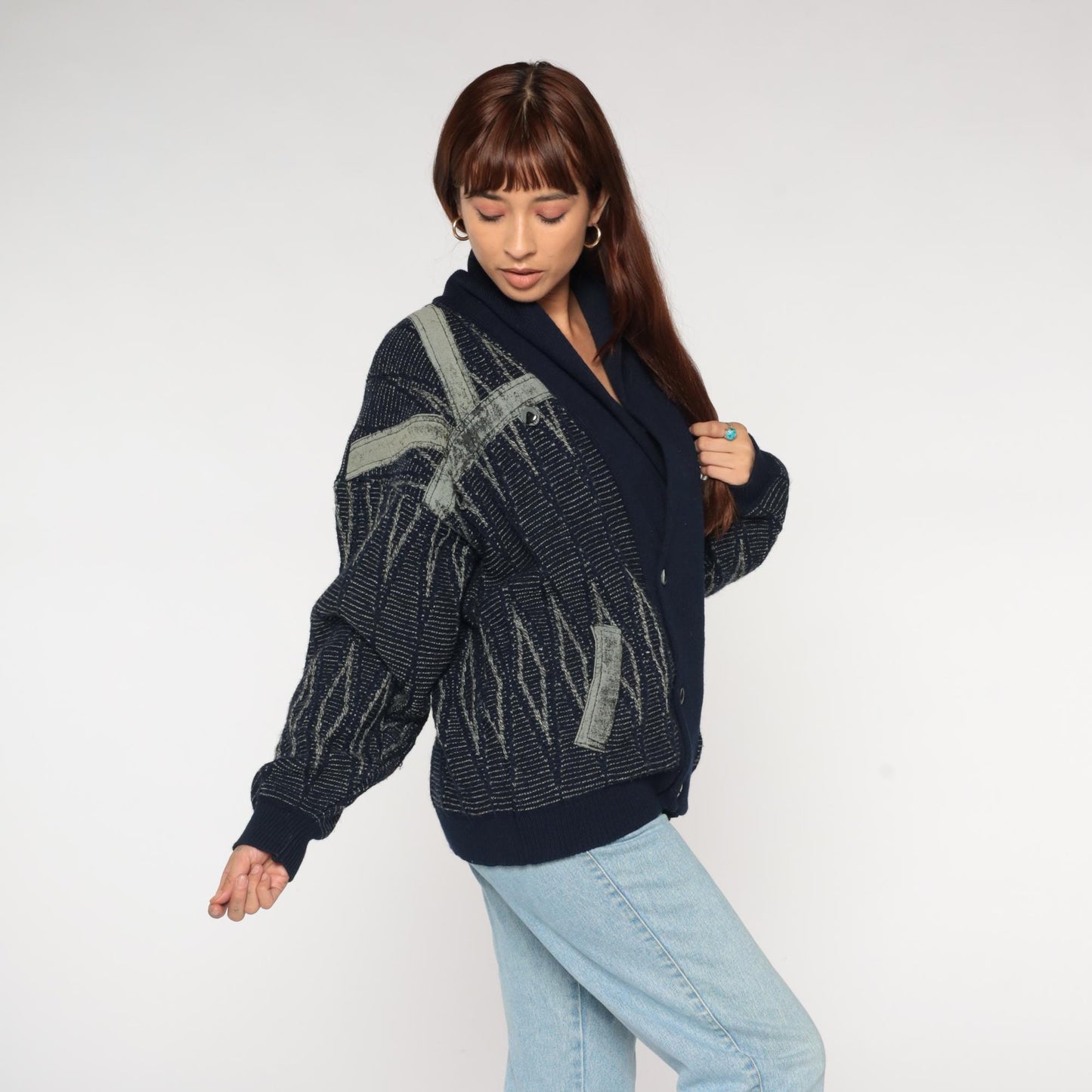 90s J Bar-Lun Navy Grey Geometric Knit Cardigan Double Breasted Large L