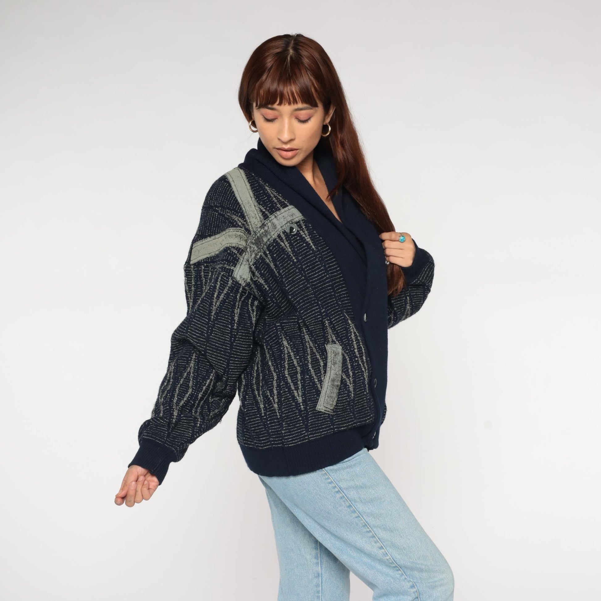 90s J Bar-Lun Navy Grey Geometric Knit Cardigan Double Breasted Large L
