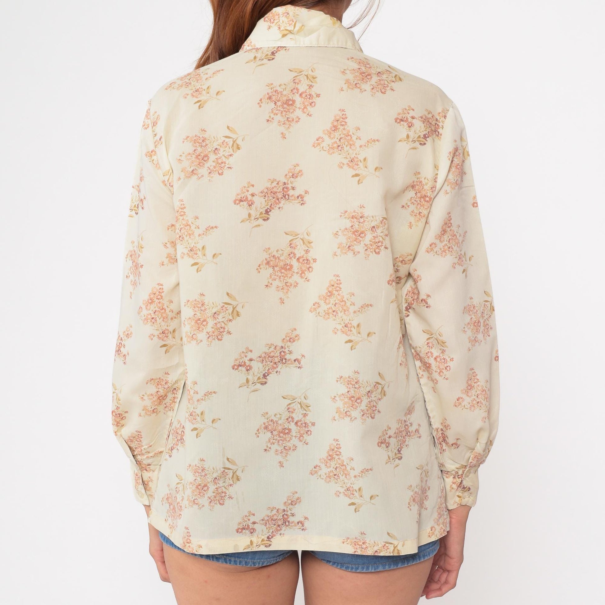 70s Ship n Shore Floral Button-Up Blouse Cream Peach Blossoms Medium M