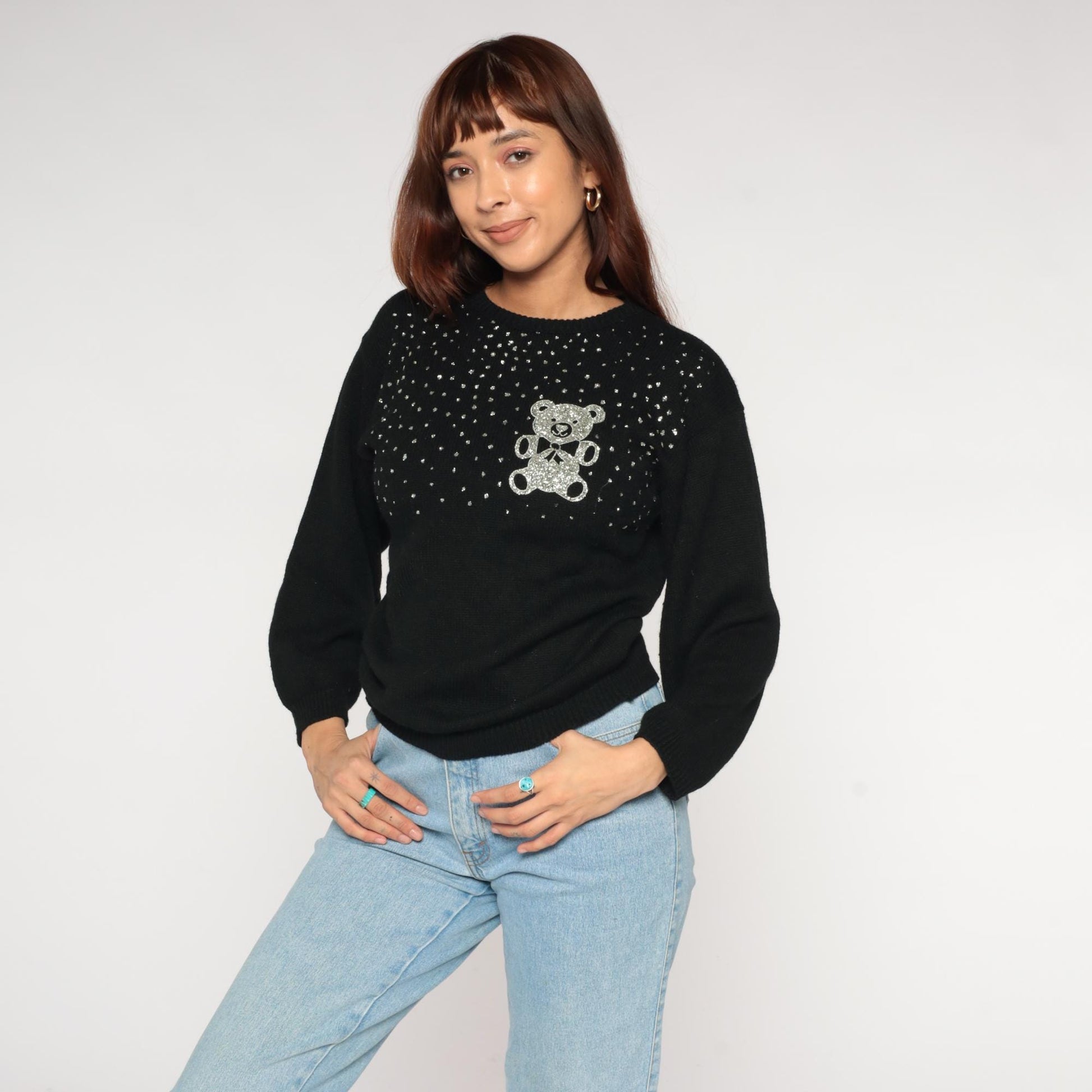 90s Western Sportswear Teddy Bear Sequin Sweater Black Small S