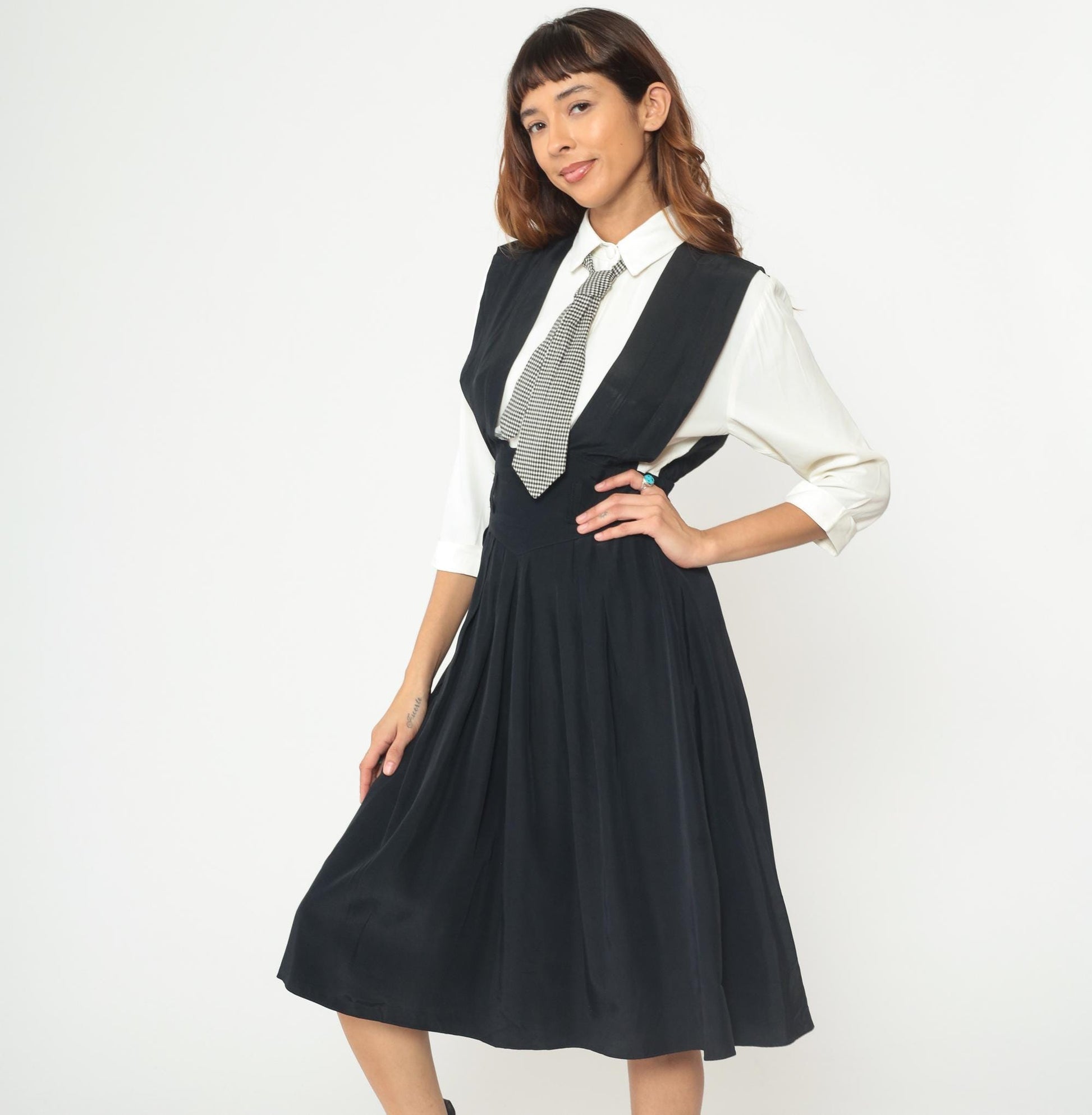 1990s Piccolino Petites Black Midi Jumper Dress Gingham Tie Attached Shirt XS