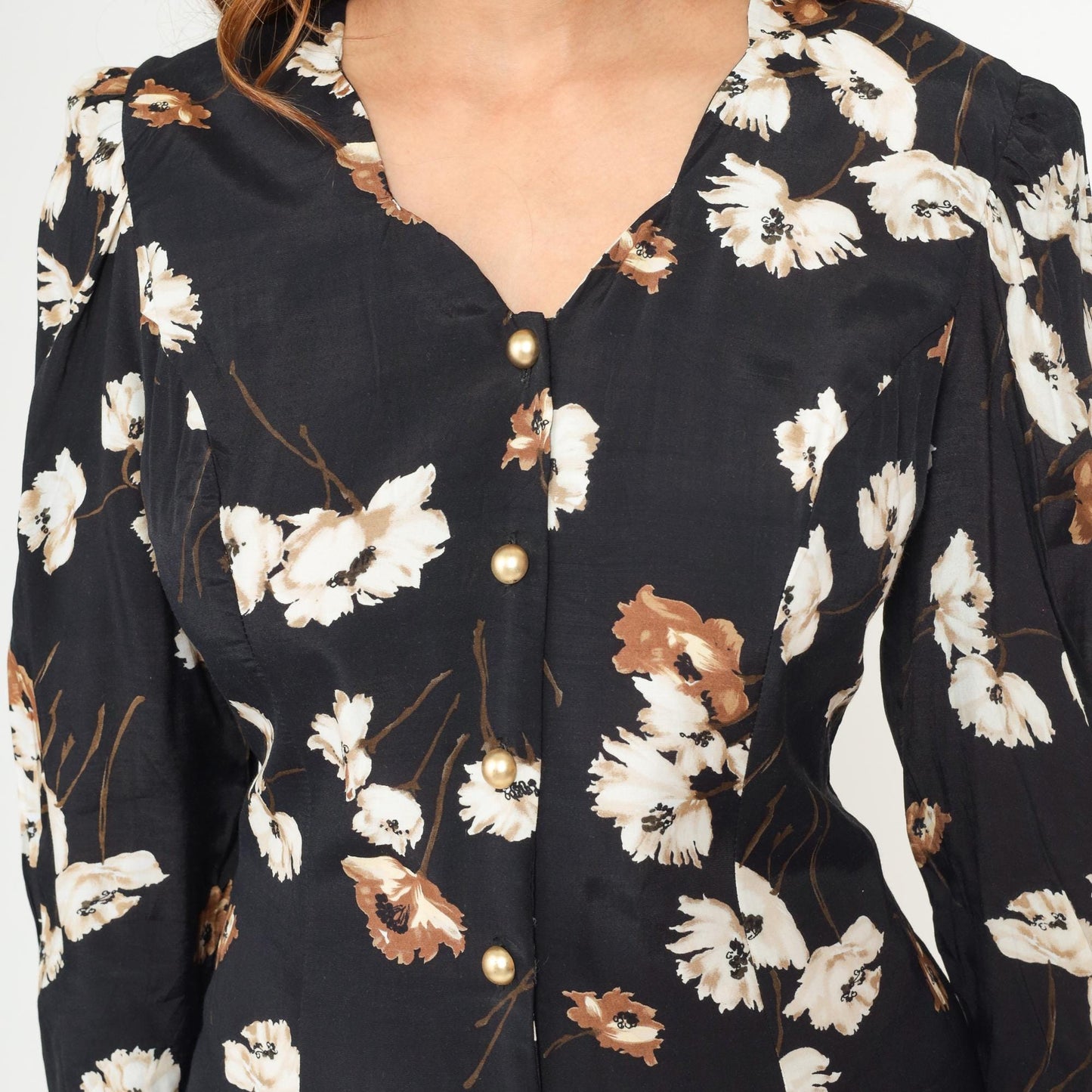 90s Caroline Wells Black Floral Midi Dress Pearl Buttons Lace-Up Back Medium