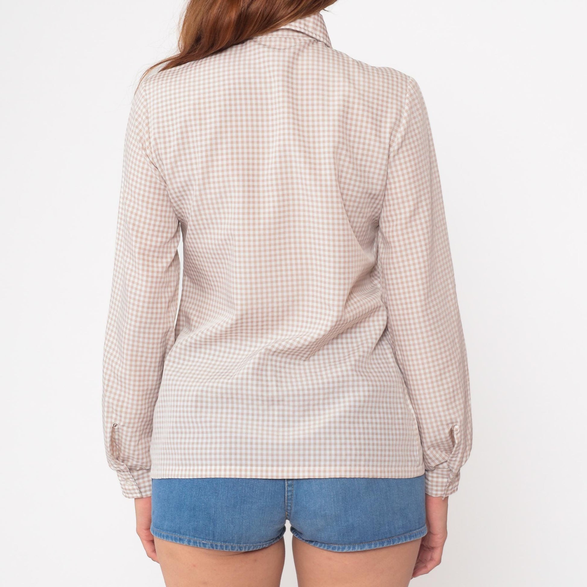 70s Gingham Check Blouse Beige Button Up Pointed Collar Long Sleeve Medium