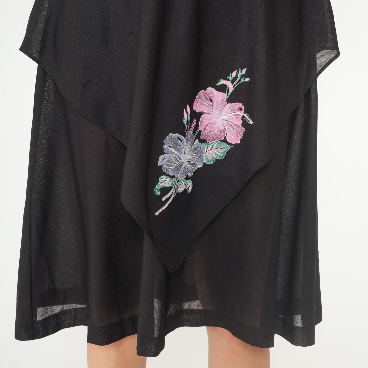 80s Black Tropical Floral Tiered Capelet Midi Dress Flutter Sleeve Medium