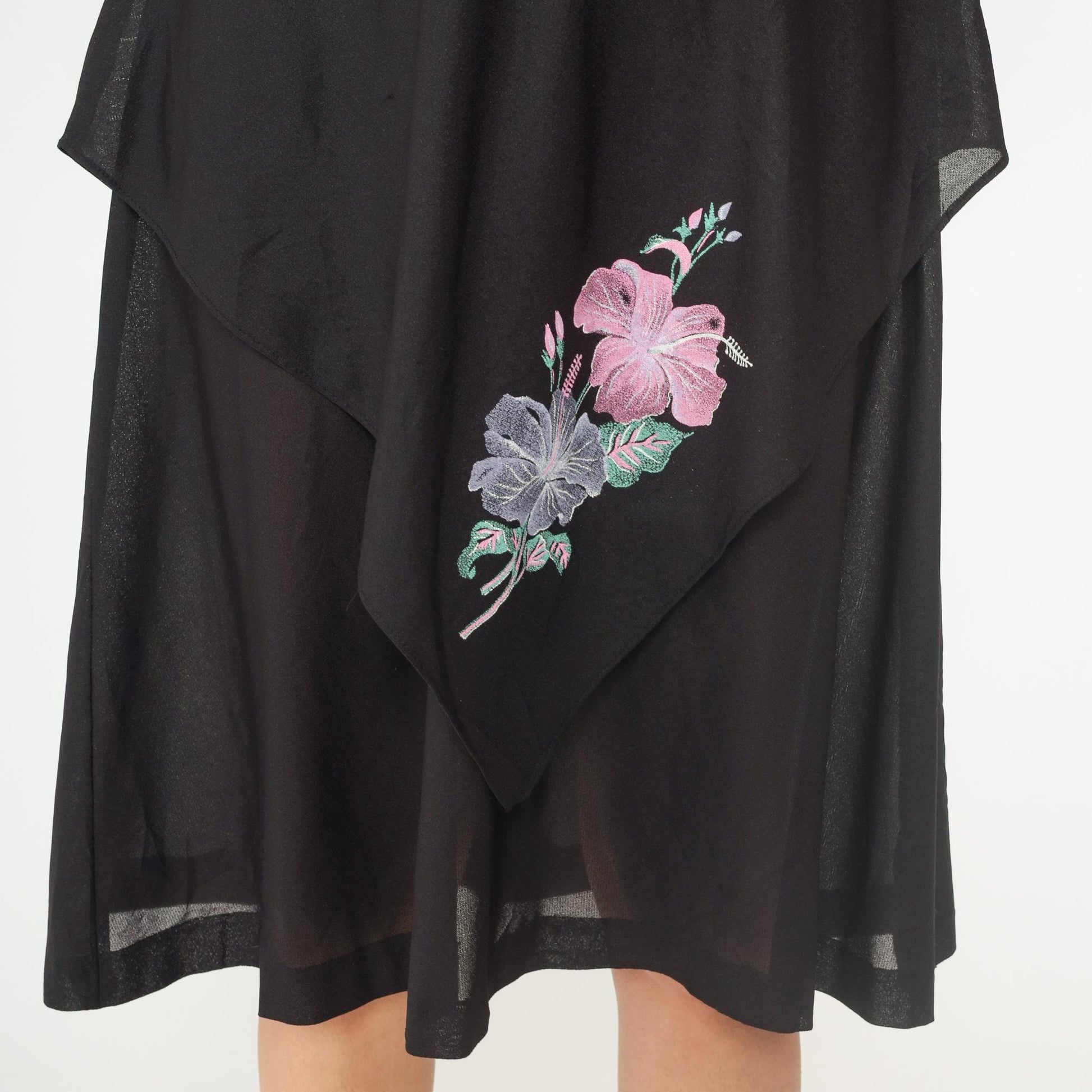 80s Black Tropical Floral Tiered Capelet Midi Dress Flutter Sleeve Medium