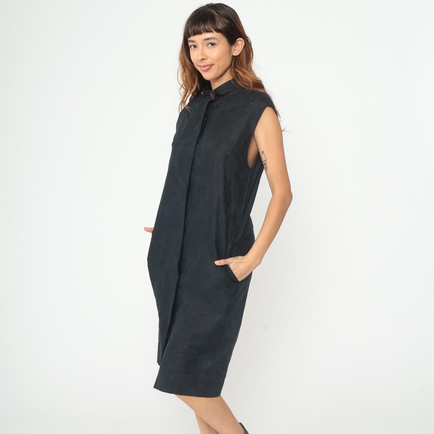 90s Albert Nipon Black Linen Mandarin Collar Midi Dress Large L