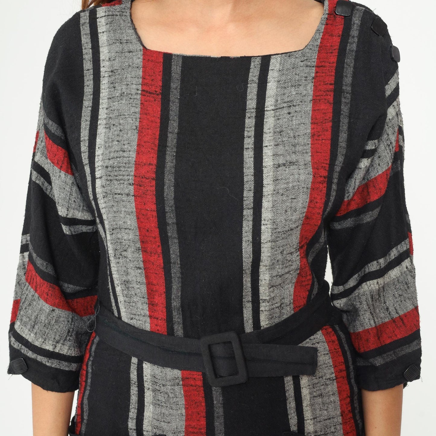 80s Vertical Stripe Midi Dress Red Black Grey Square Neck Wool Blend Medium