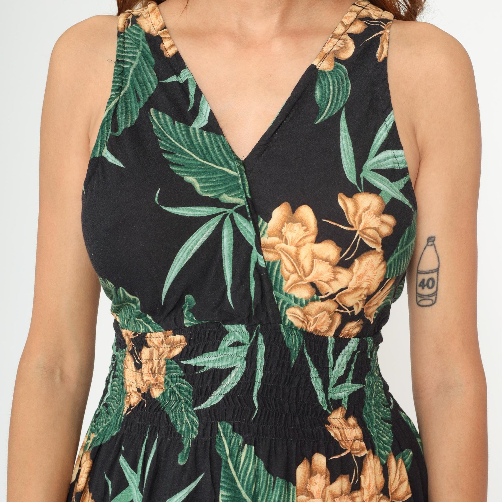 Y2K Hula Bay Tropical Floral Mini Dress Black Rayon V-Neck Large L