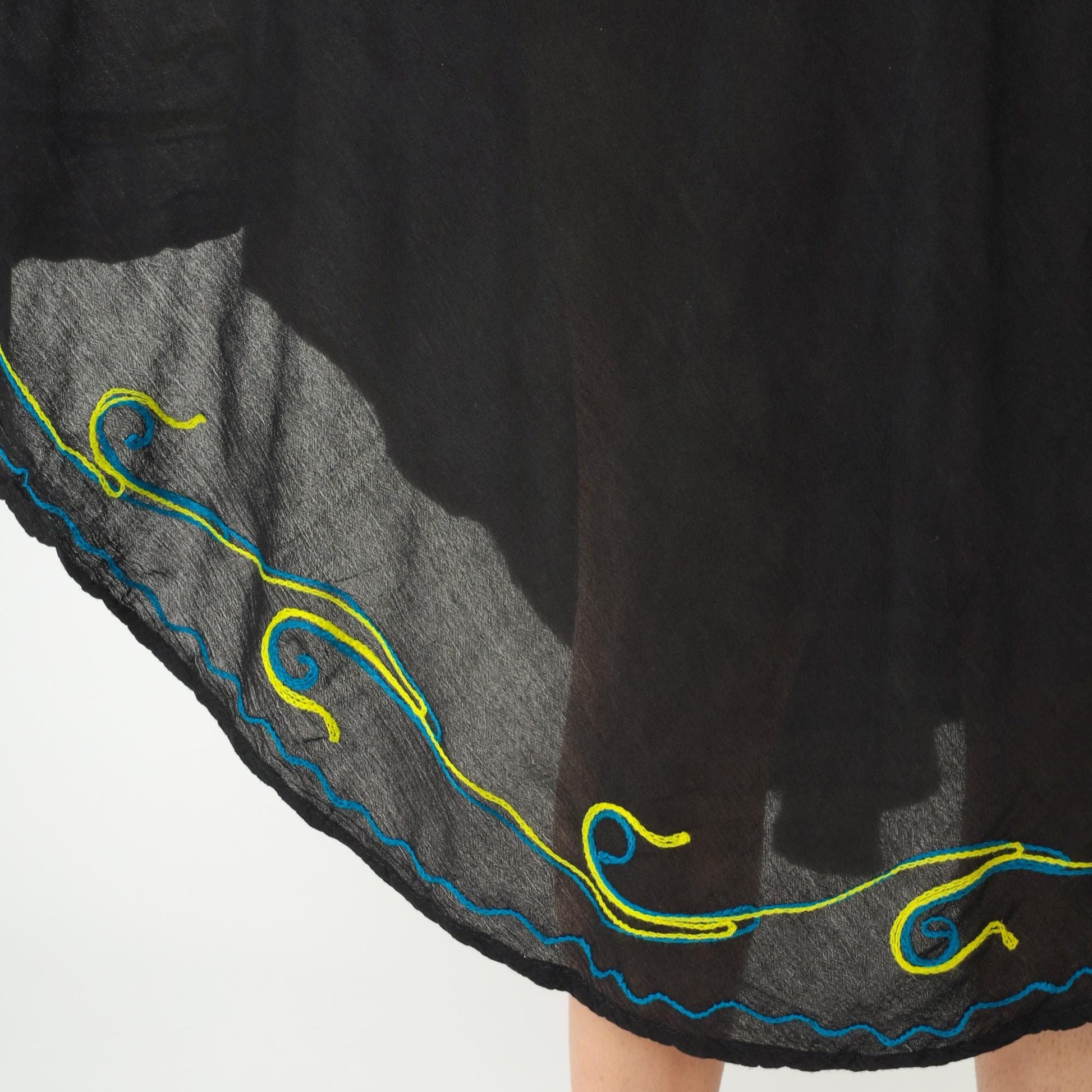 Y2K Black Midi Dress Exist Floral Embroidery V-Neck Asymmetric Hem One Size