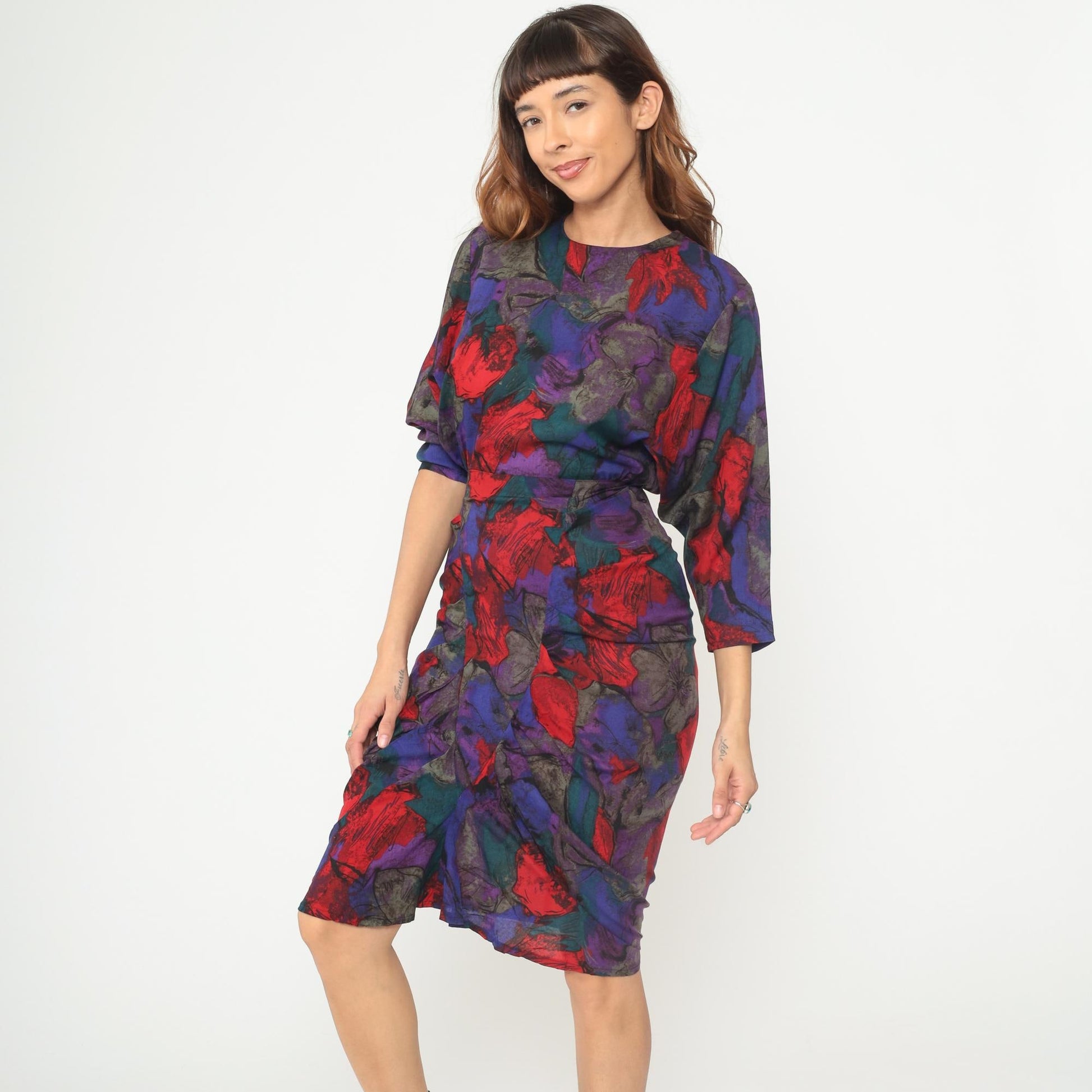90s All That Jazz Floral Midi Dress Dolman Sleeve Rayon Purple Extra Small XS