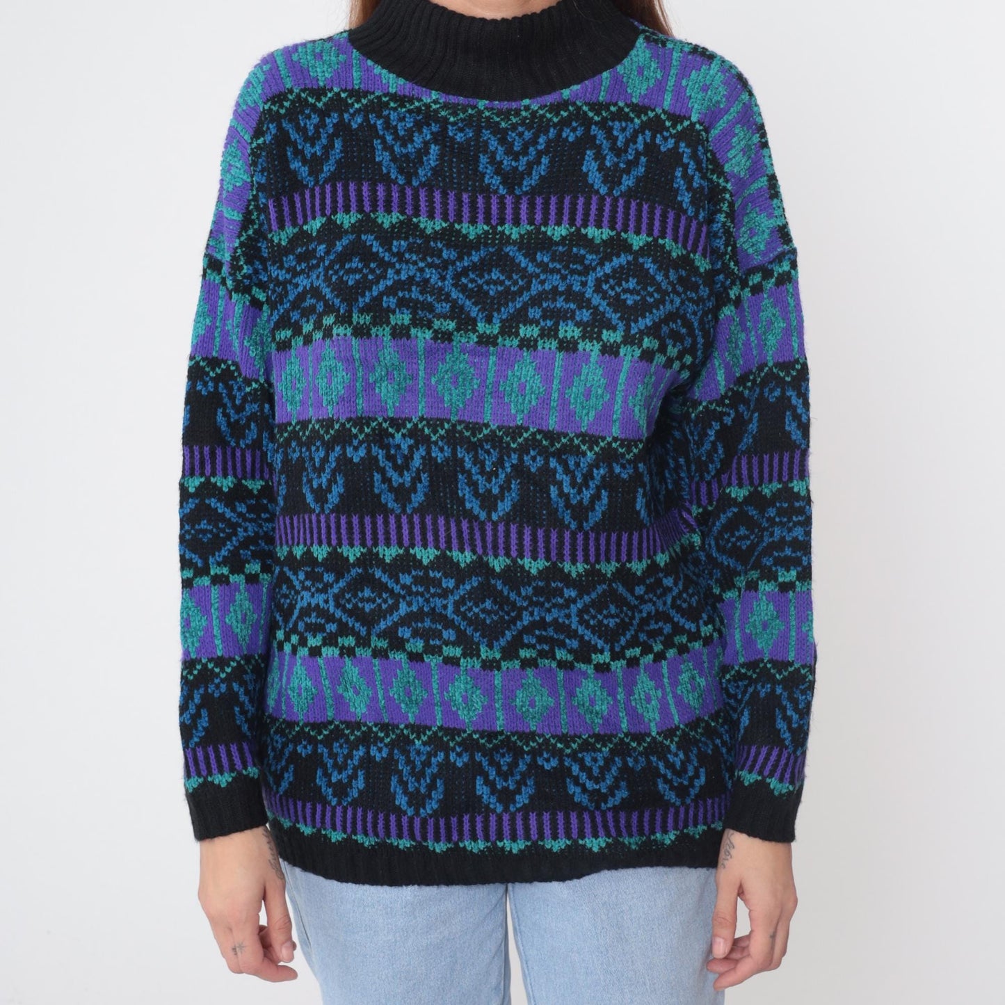 90s Fair Isle Mock Neck Sweater Purple Teal Geometric Nordic Small S