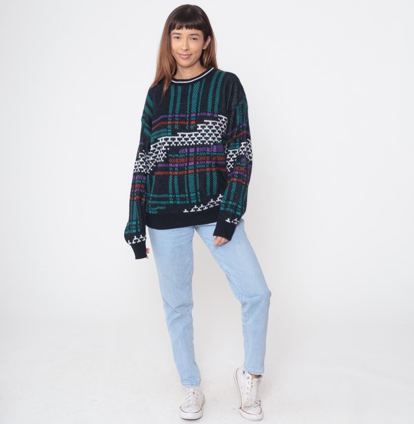 80s Weeds Tribal Geometric Sweater Black Teal Purple Crew Neck Extra Large