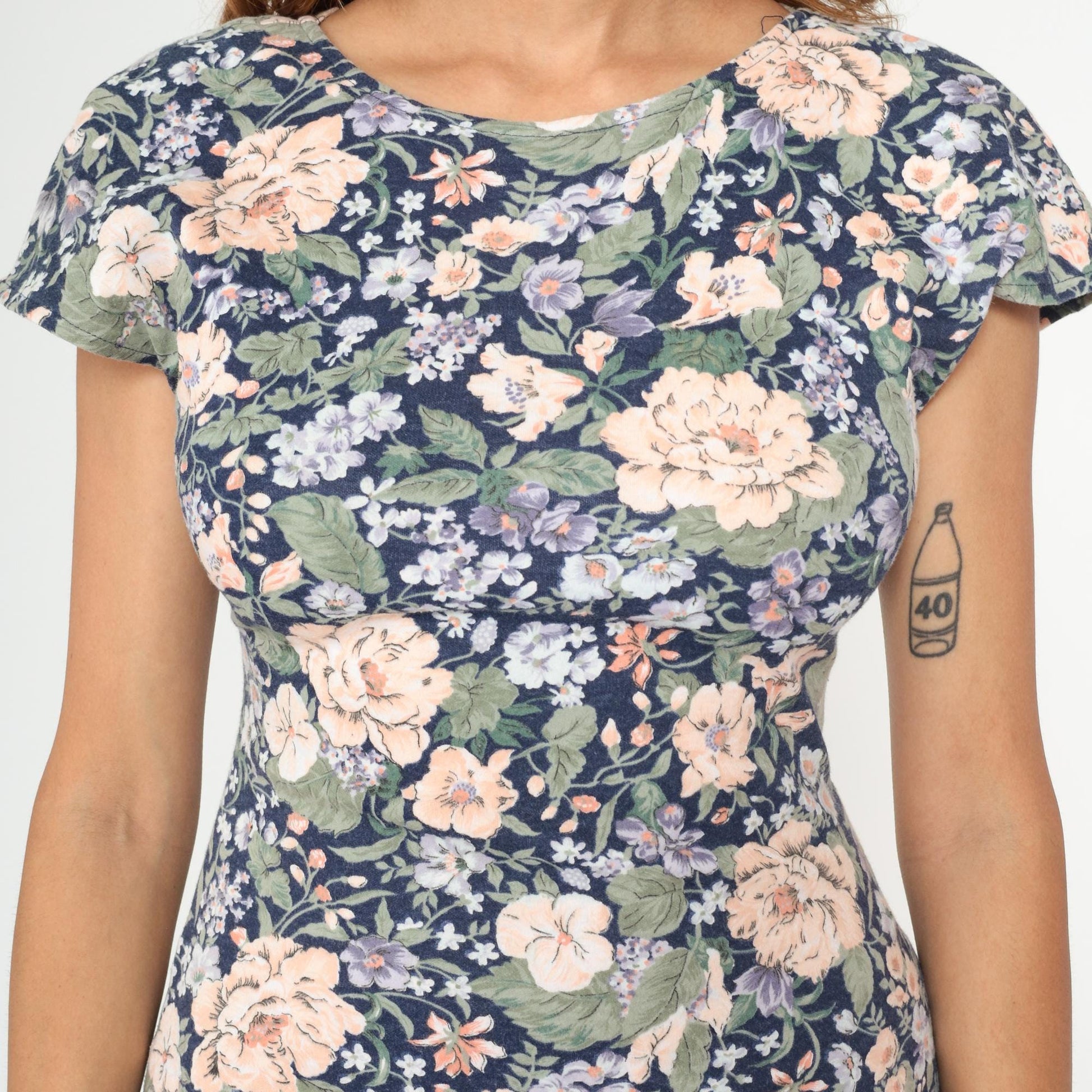 90s Floral Mini Dress Navy Peach Green Open Back Cap Sleeve Small