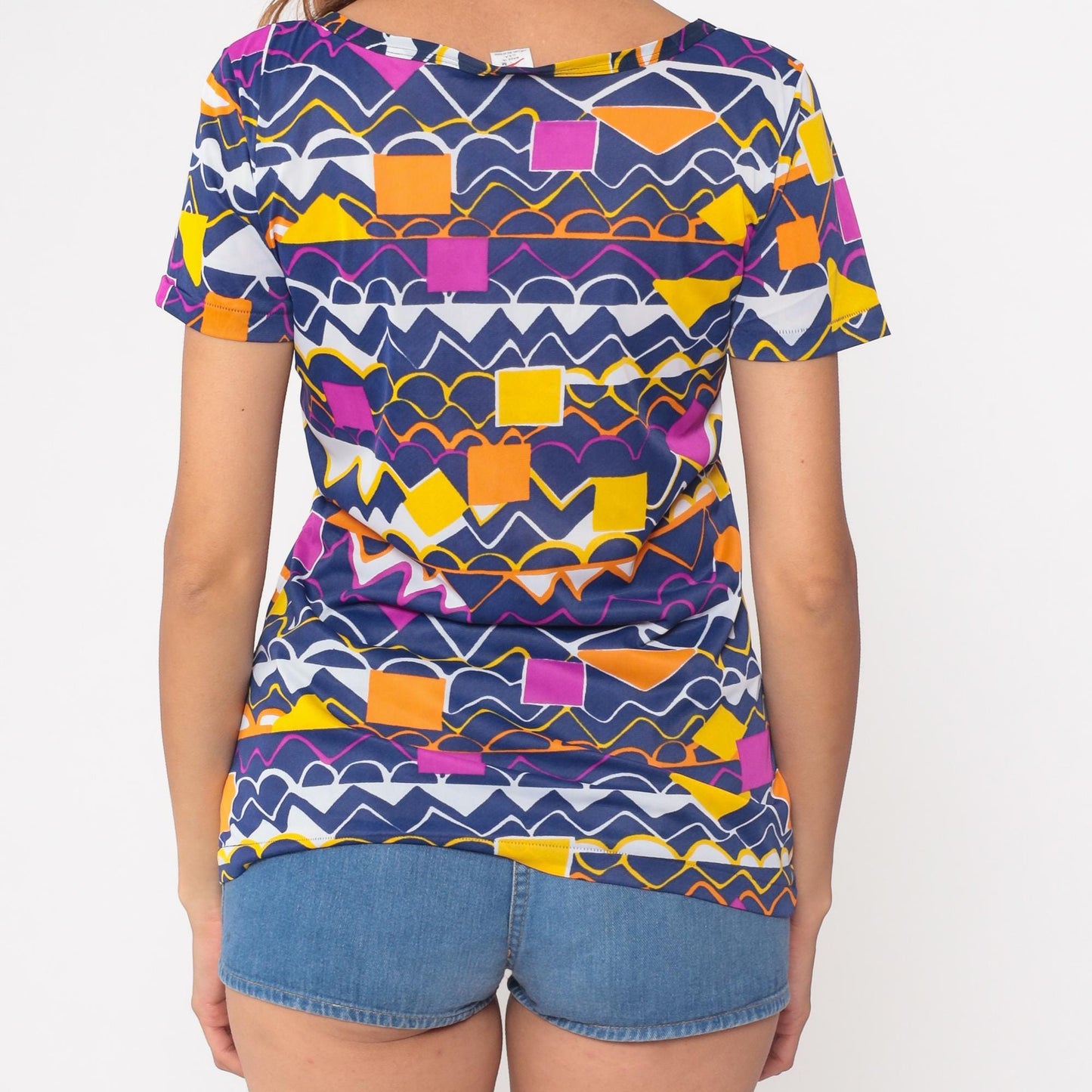 80s Speedo Geometric Top Navy Blue Pink Yellow Abstract Scoop Neck Small
