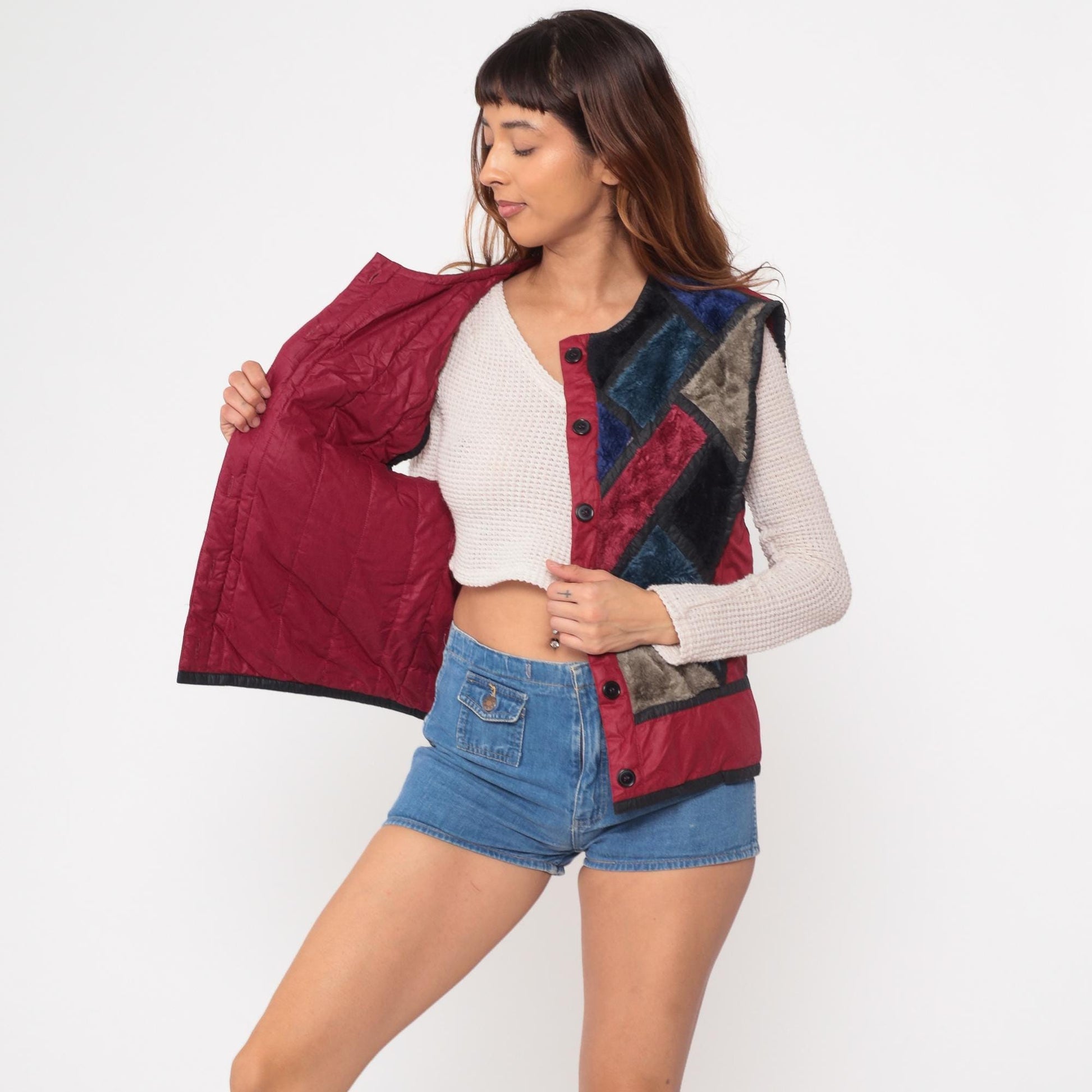 80s Patchwork Faux Fur Vest Burgundy Navy Geometric Colorblock Medium
