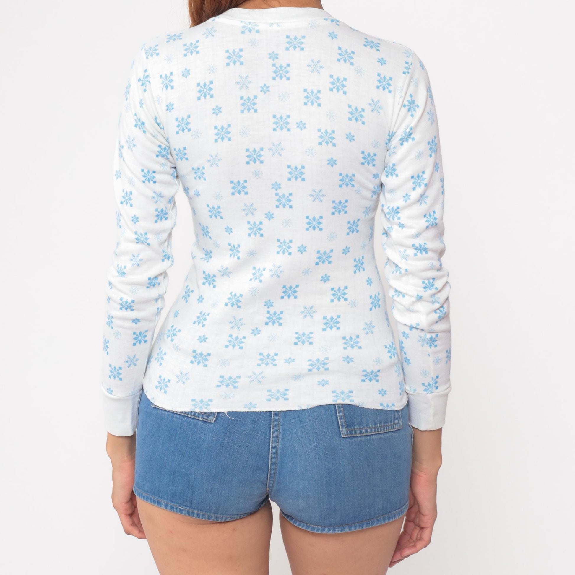 80s Winterskins Snowflake Thermal Long Sleeve Shirt White Blue Small
