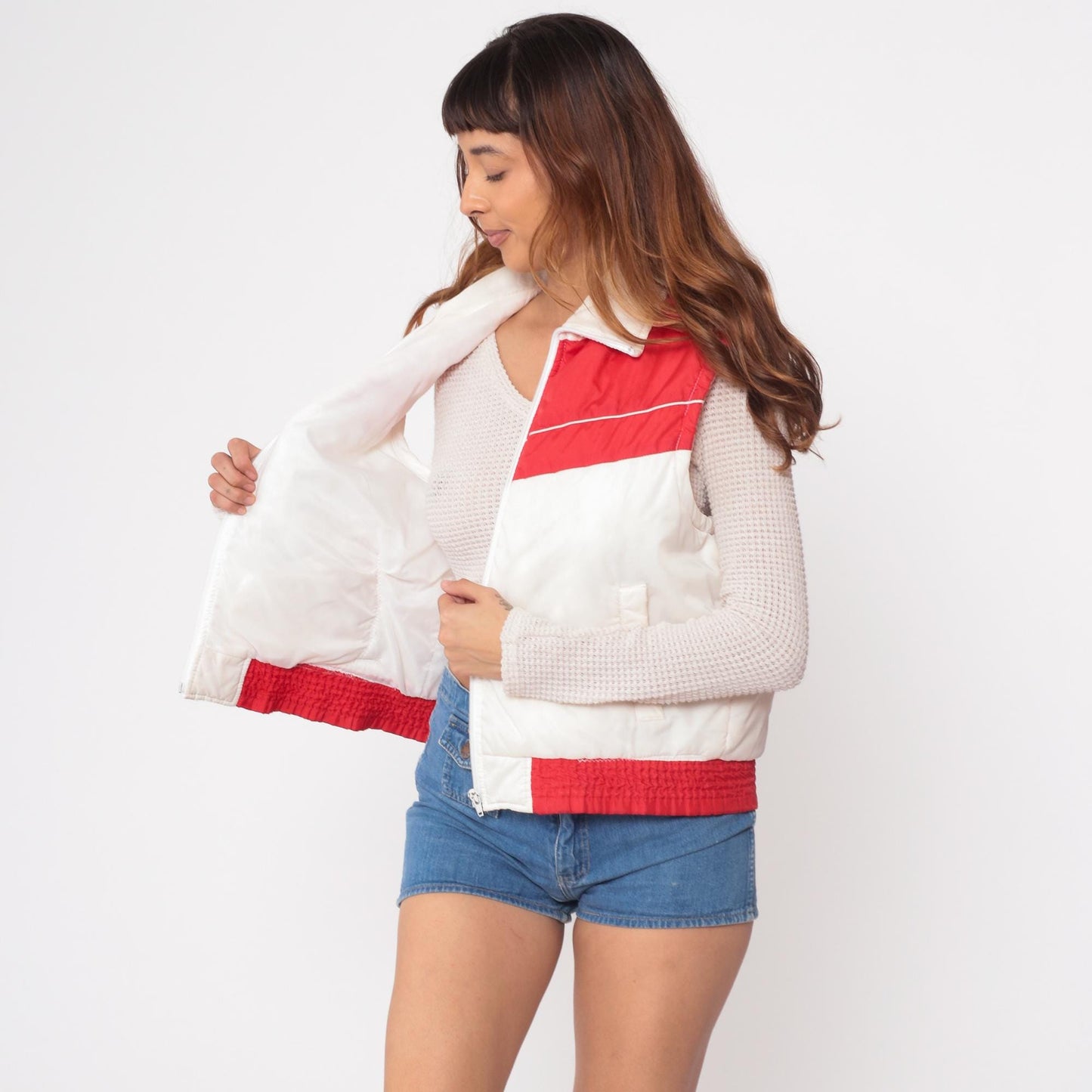 80s Red White Puffer Vest Western Yoke Sleeveless Zip Jacket Medium