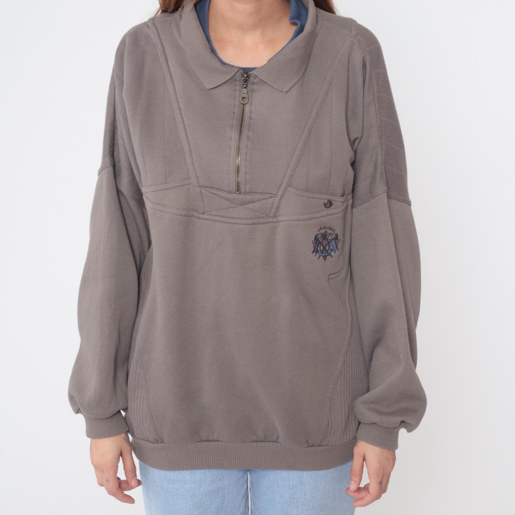 90s Todays News Half Zip Sweatshirt Taupe Embroidered Logo Large L