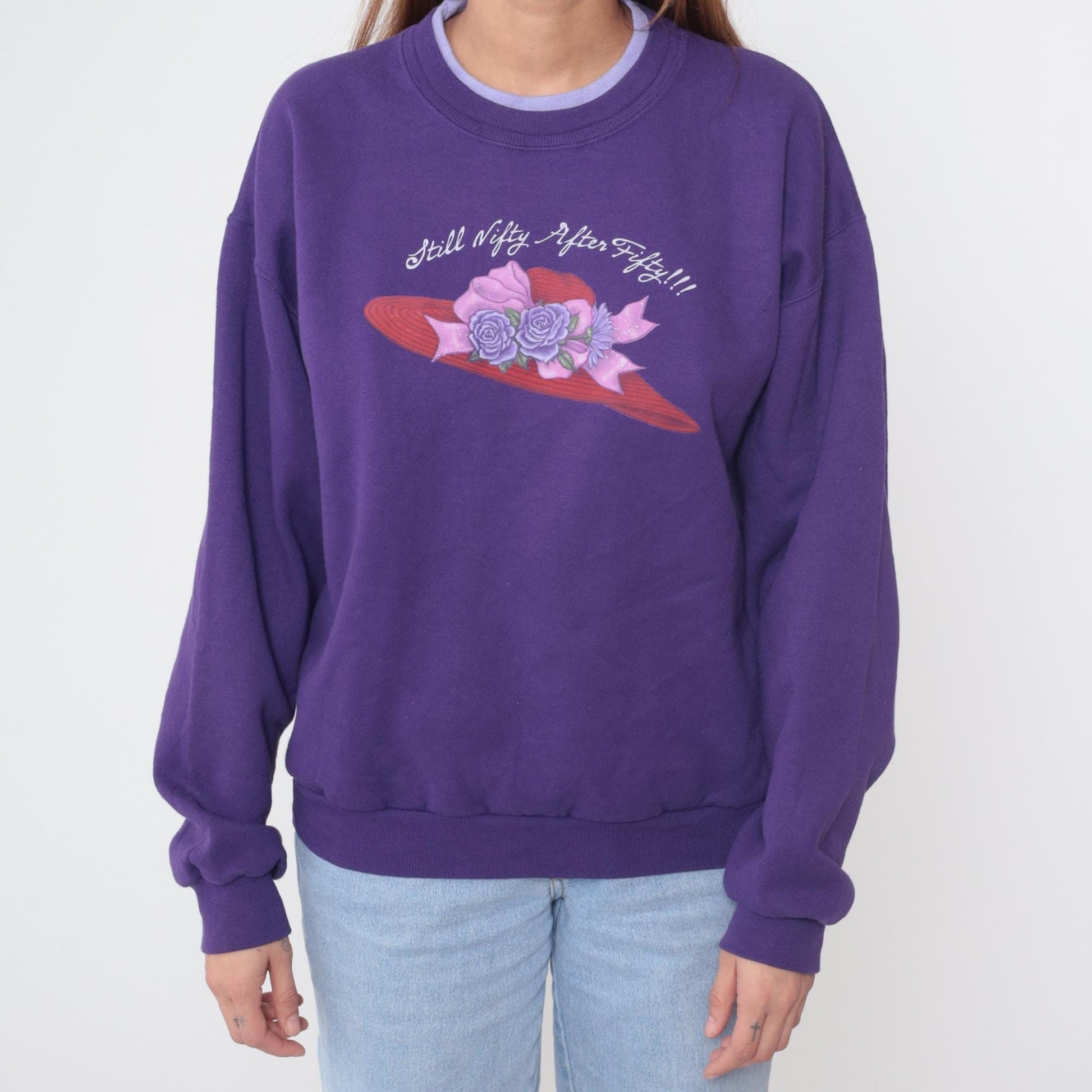 90s Morning Sun Purple Sweatshirt Red Hat Lady Graphic Crewneck Medium M