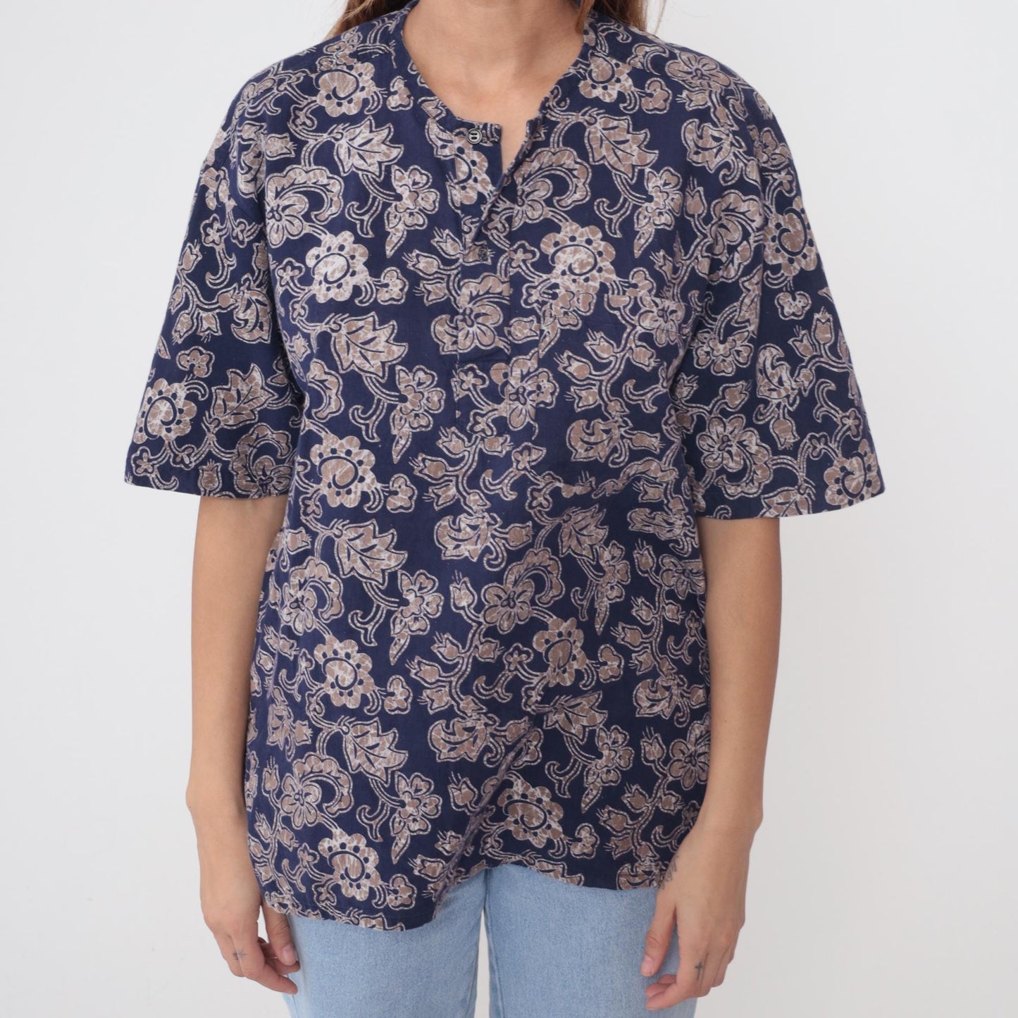 Y2K Craute Navy Paisley Floral Button-Up Blouse Short Sleeve Large L