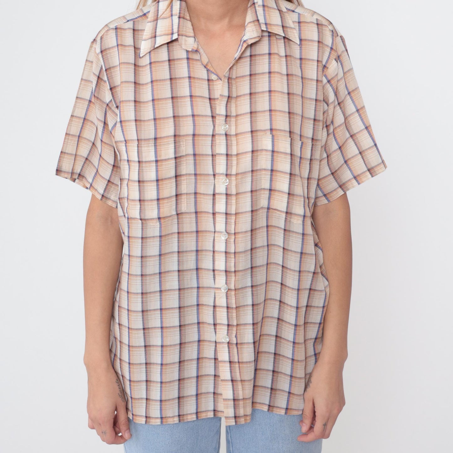 80s Van Heusen Plaid Button-Up Shirt Beige Brown Blue Check Medium