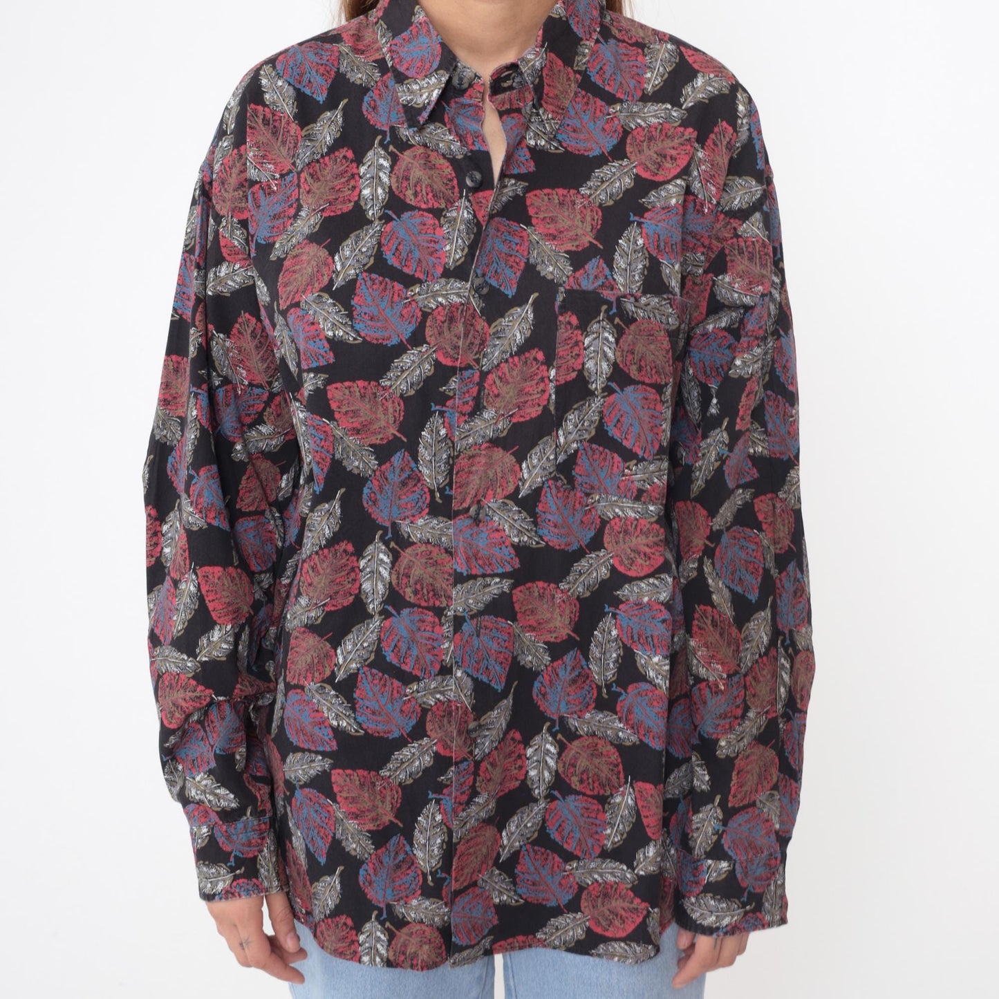 90s Henry Grethel Black Leaf Print Button-Up Shirt Cotton Extra Large