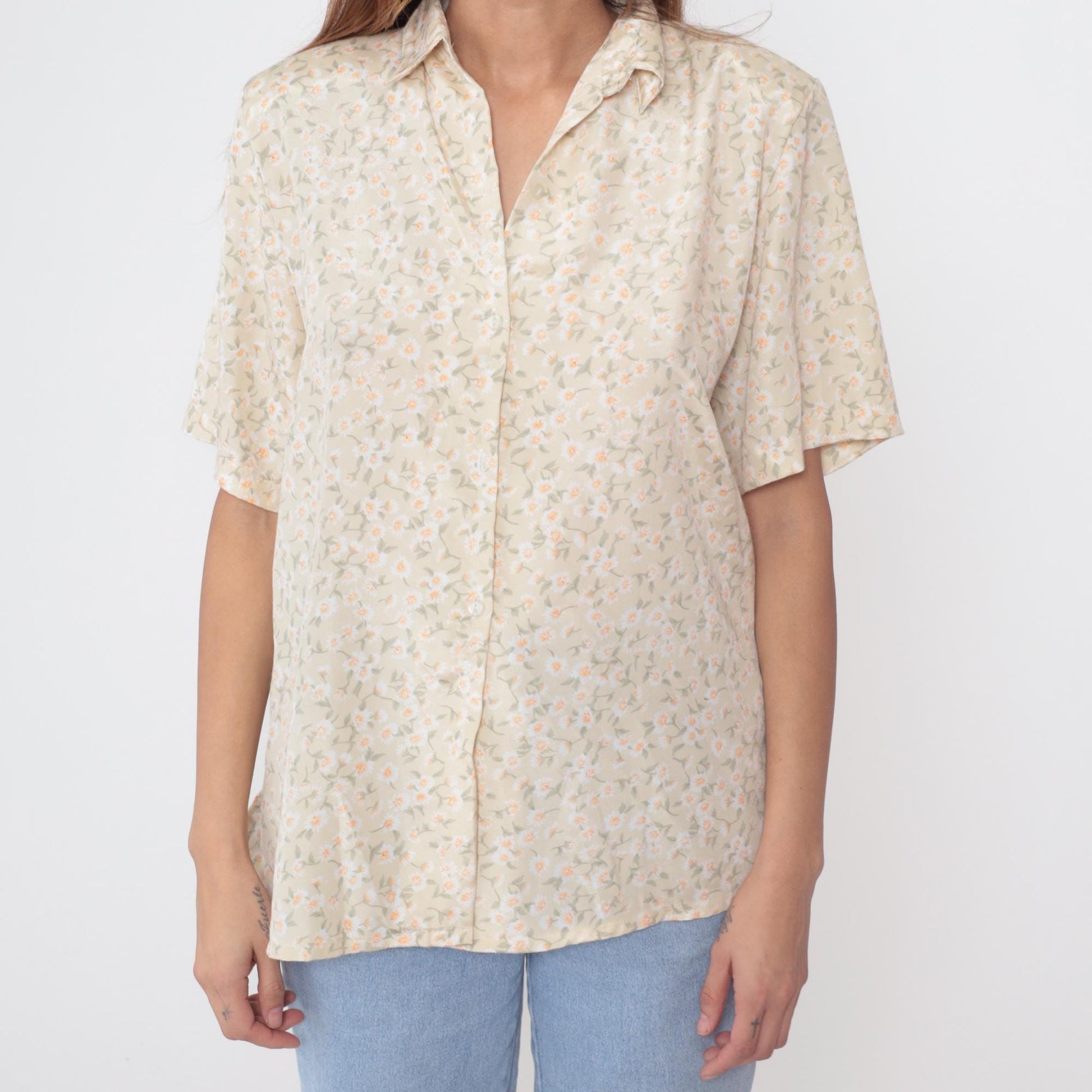 90s Daisy Floral Button-Up Shirt Beige Short Sleeve Pointed Collar Large L