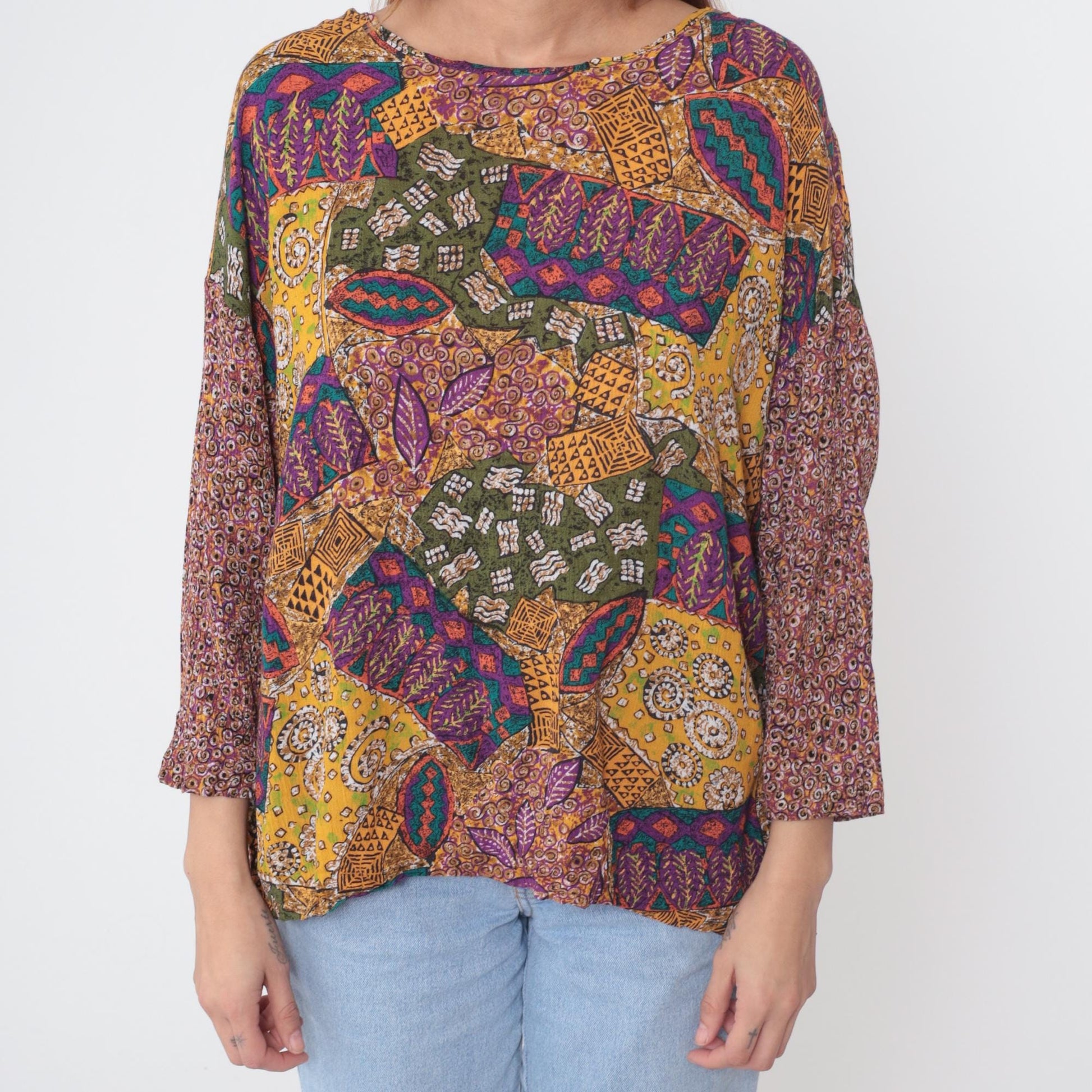 Y2K Multicolor Abstract Patchwork Rayon Shirt Long Sleeve Large L