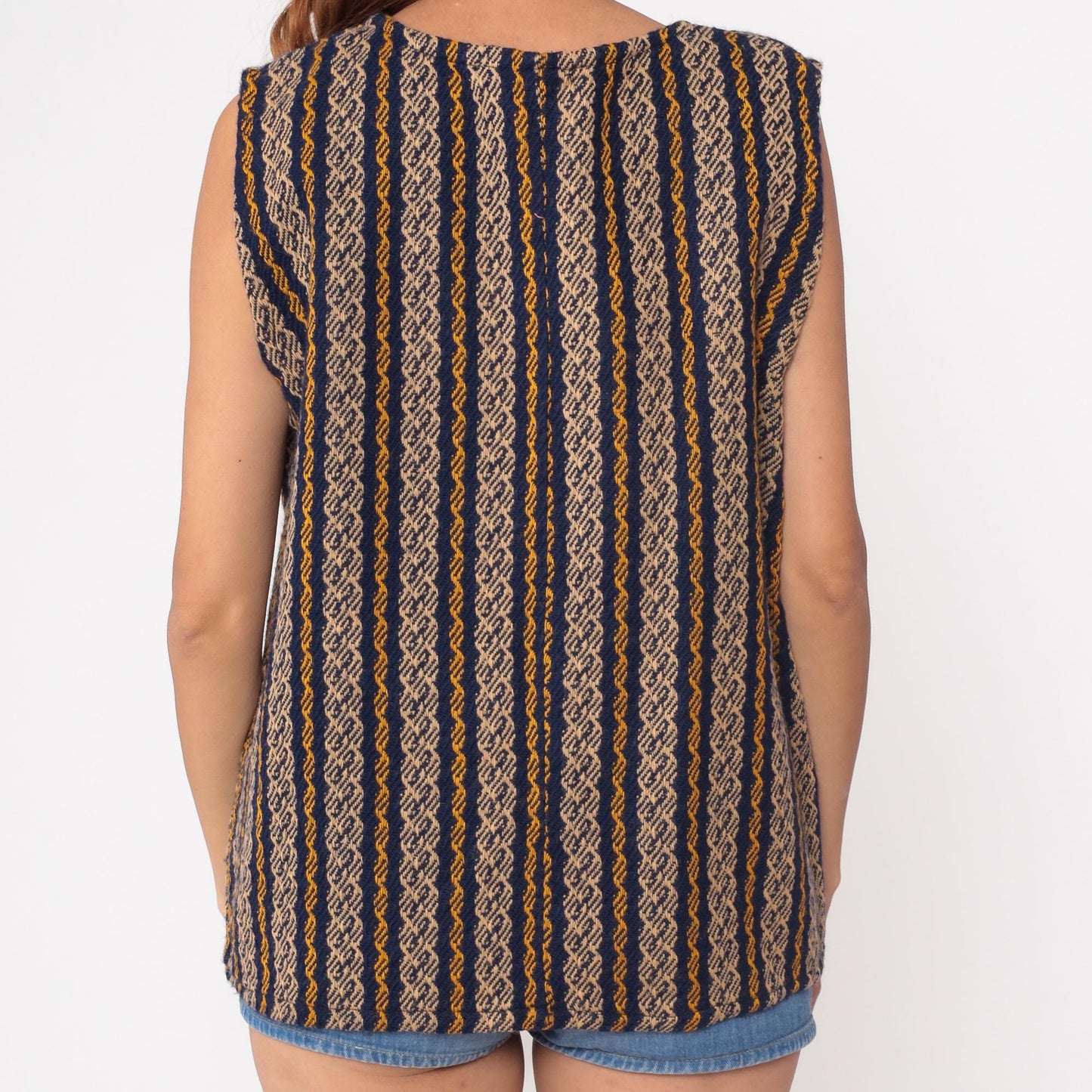 70s Geometric Woven Vest Navy Mustard Tan Stripe V-Neck Sleeveless Small Medium