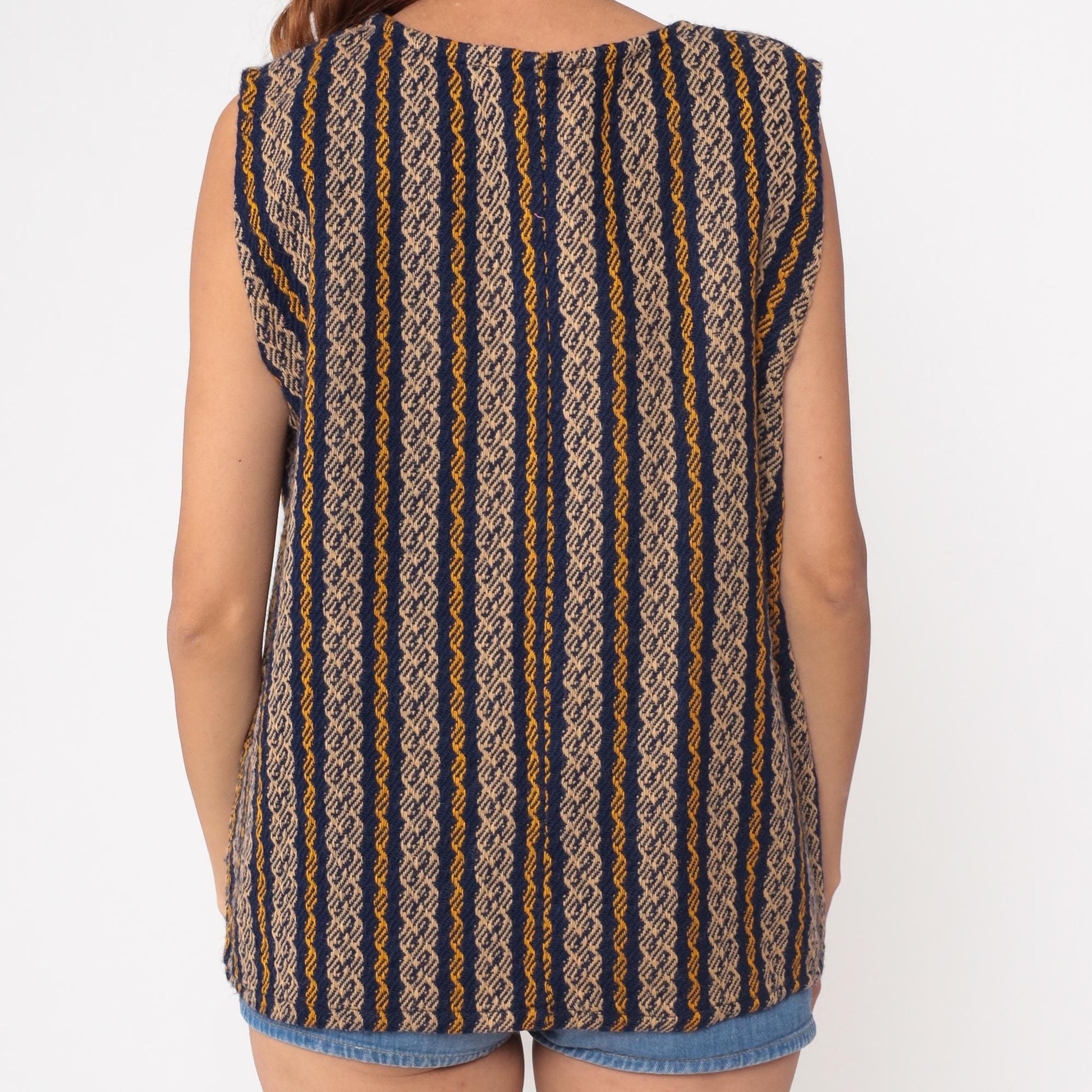 70s Geometric Woven Vest Navy Mustard Tan Stripe V-Neck Sleeveless Small Medium