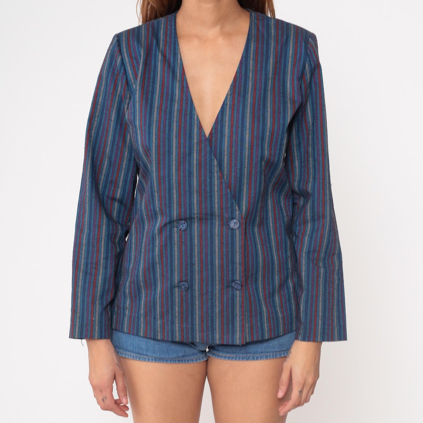 80s You Babes Striped Double-Breasted Blazer Blue Purple Red Medium M