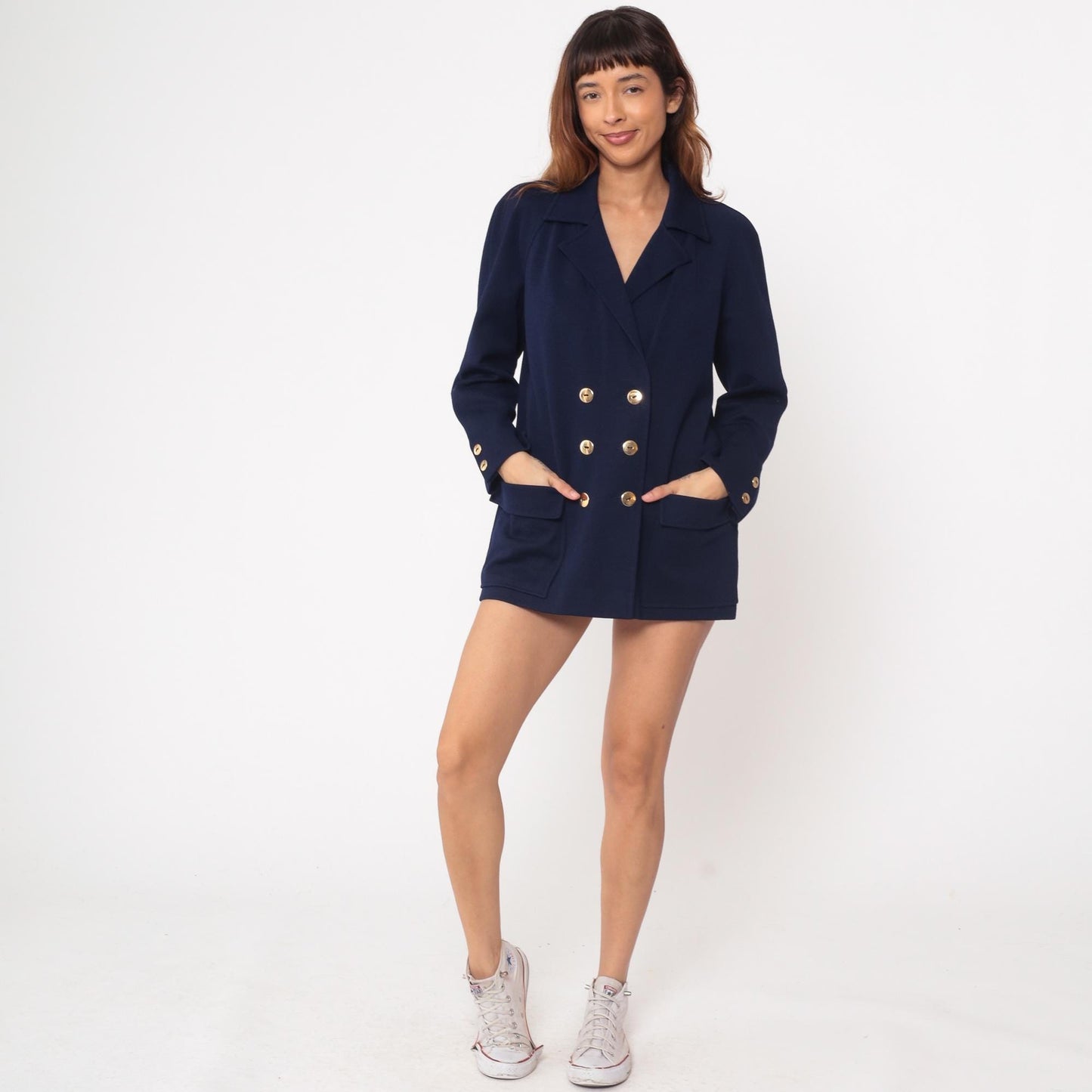 70s Marchesa di Grasy Navy Wool Blazer Double Breasted Gold Buttons Medium M