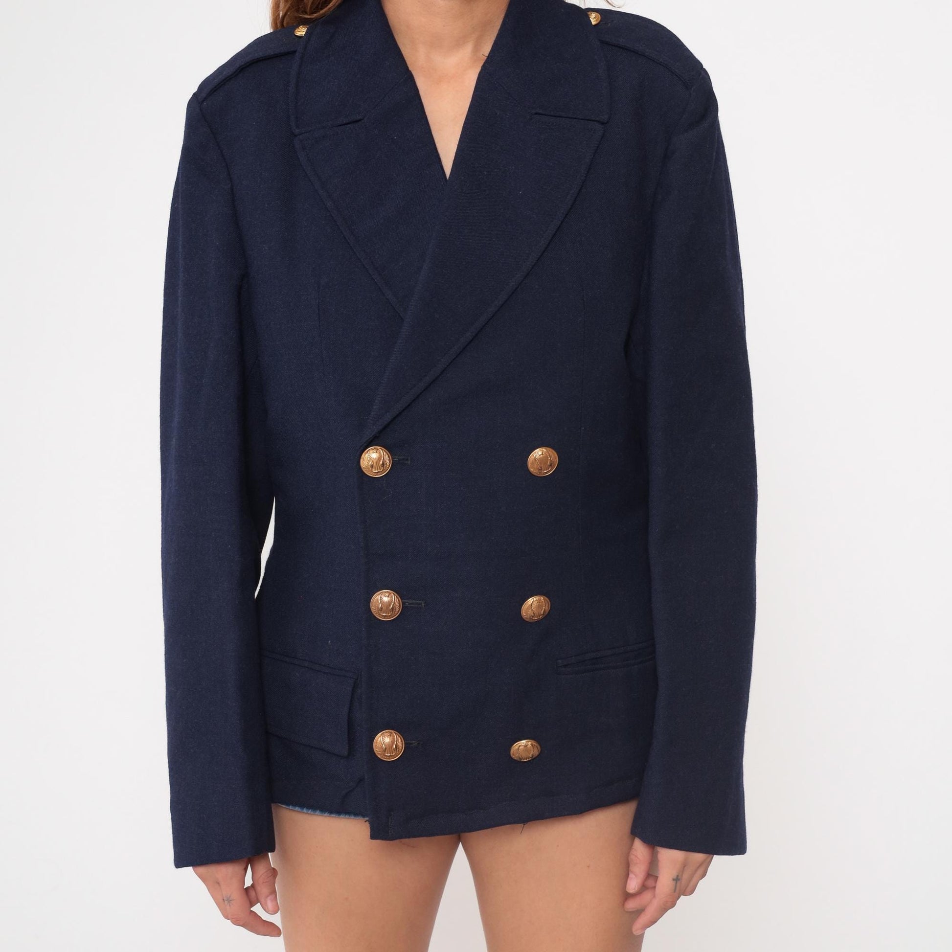 70s Navy Wool Blazer Anchor Gold Buttons Double-Breasted Medium