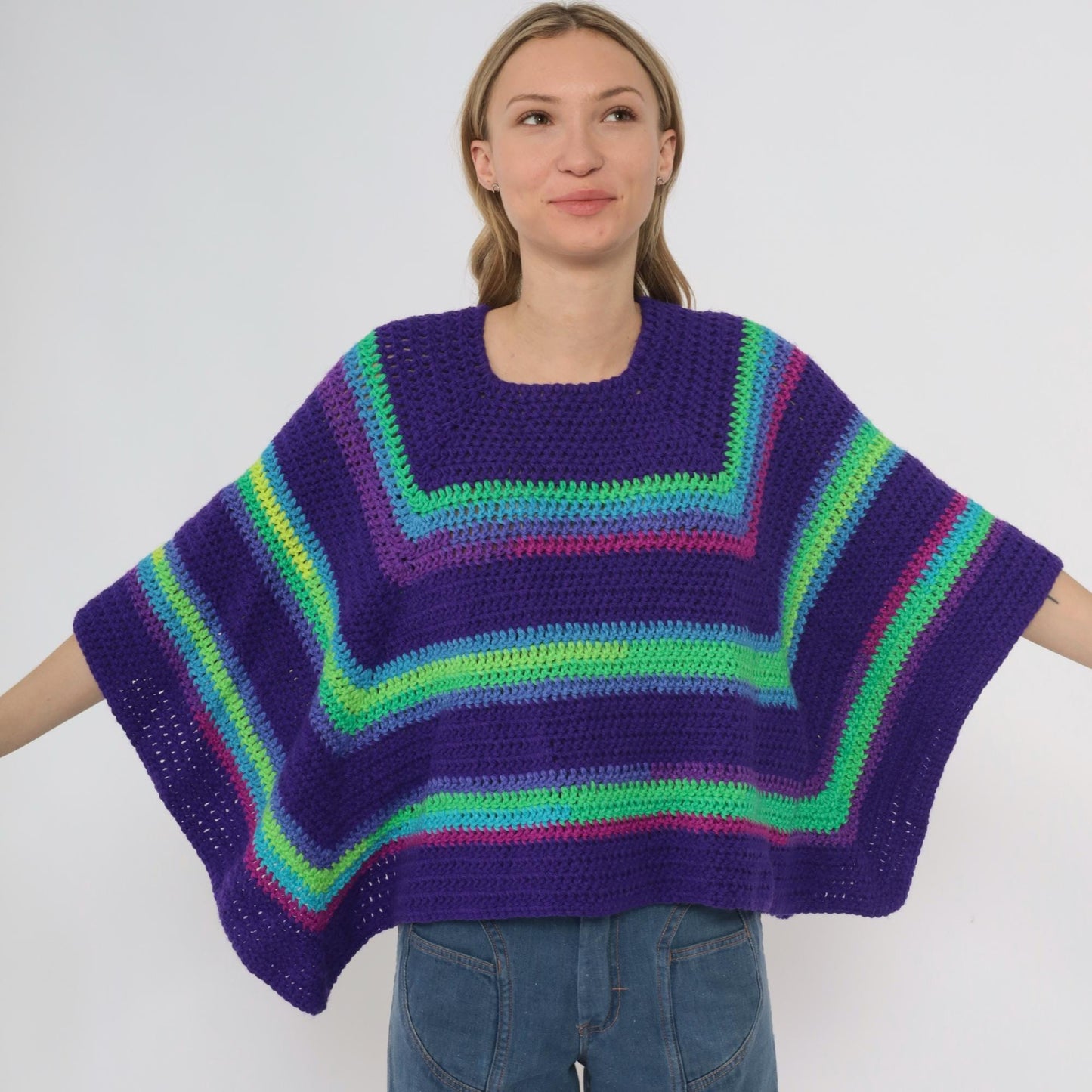 90s Purple Crochet Poncho Rainbow Stripe Square Neck One Size