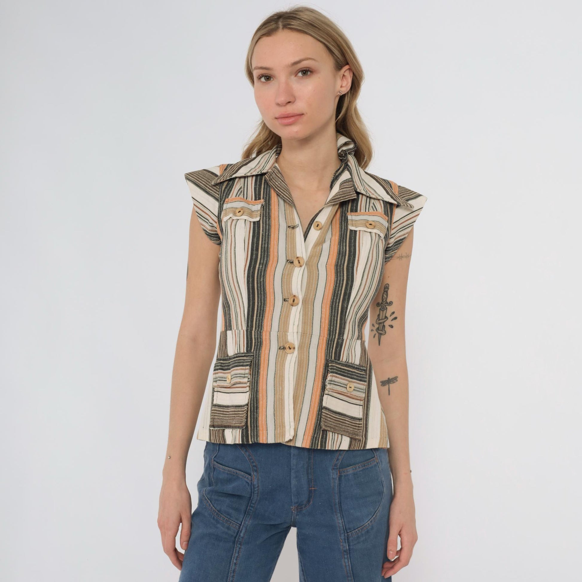 70s Earth Tone Striped Button-Front Blouse Cap Sleeve Pointed Collar XS