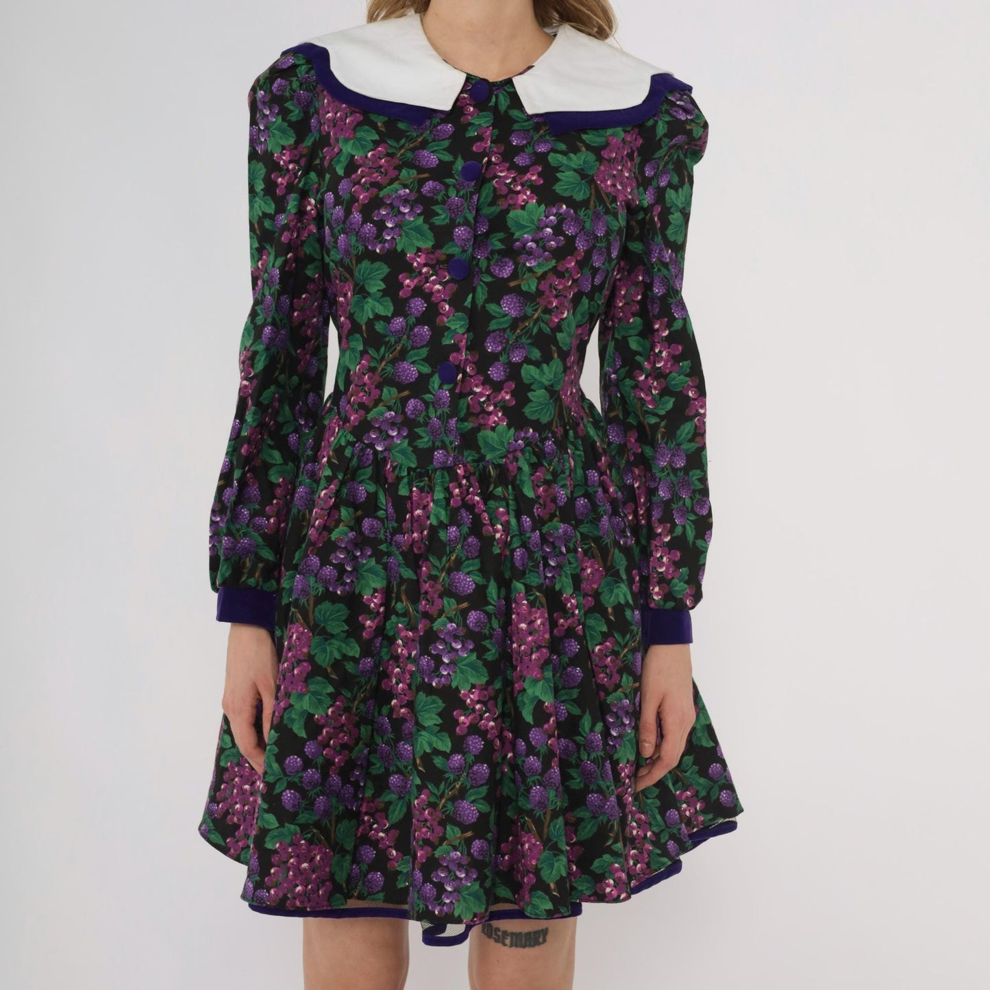 80s Bonnie Jean Purple Grape Print Dress Peter Pan Collar Extra Small XS