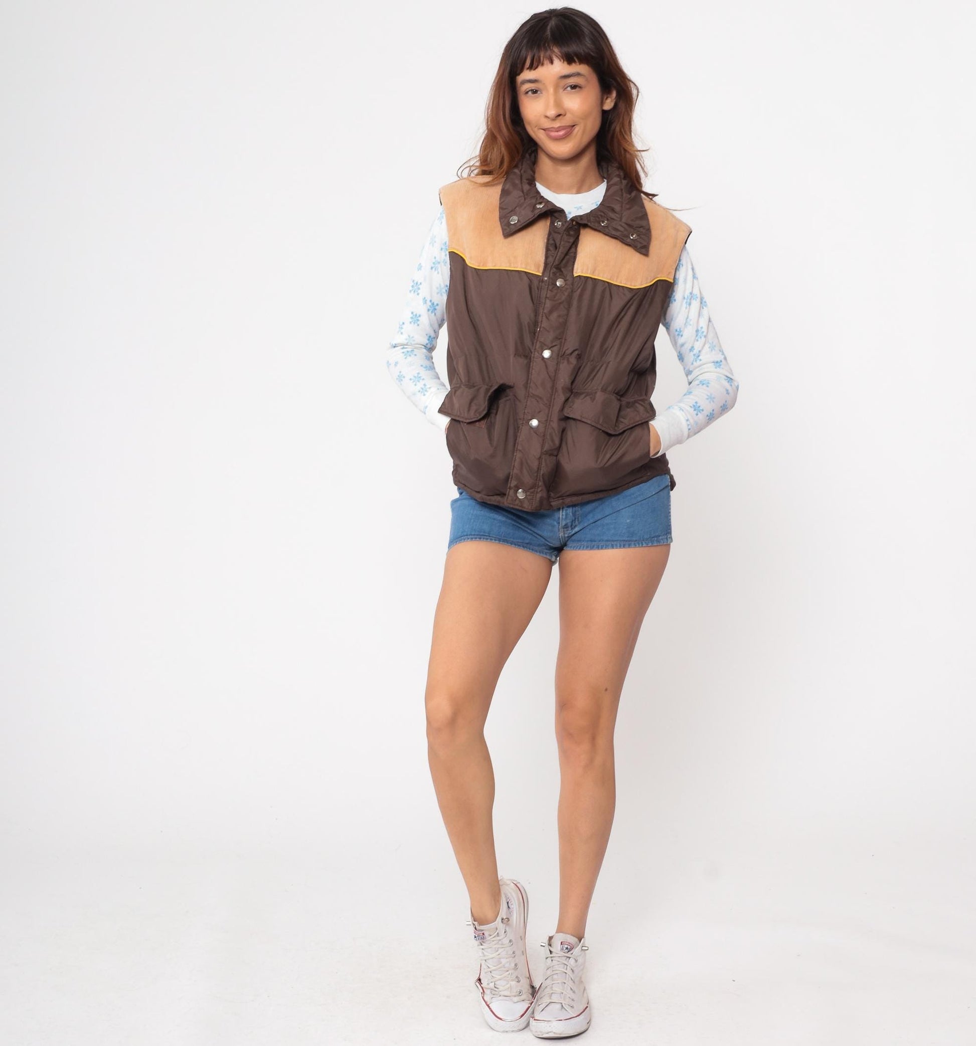 70s Down Hill Western Puffer Vest Brown Corduroy Nylon Snap Front Medium