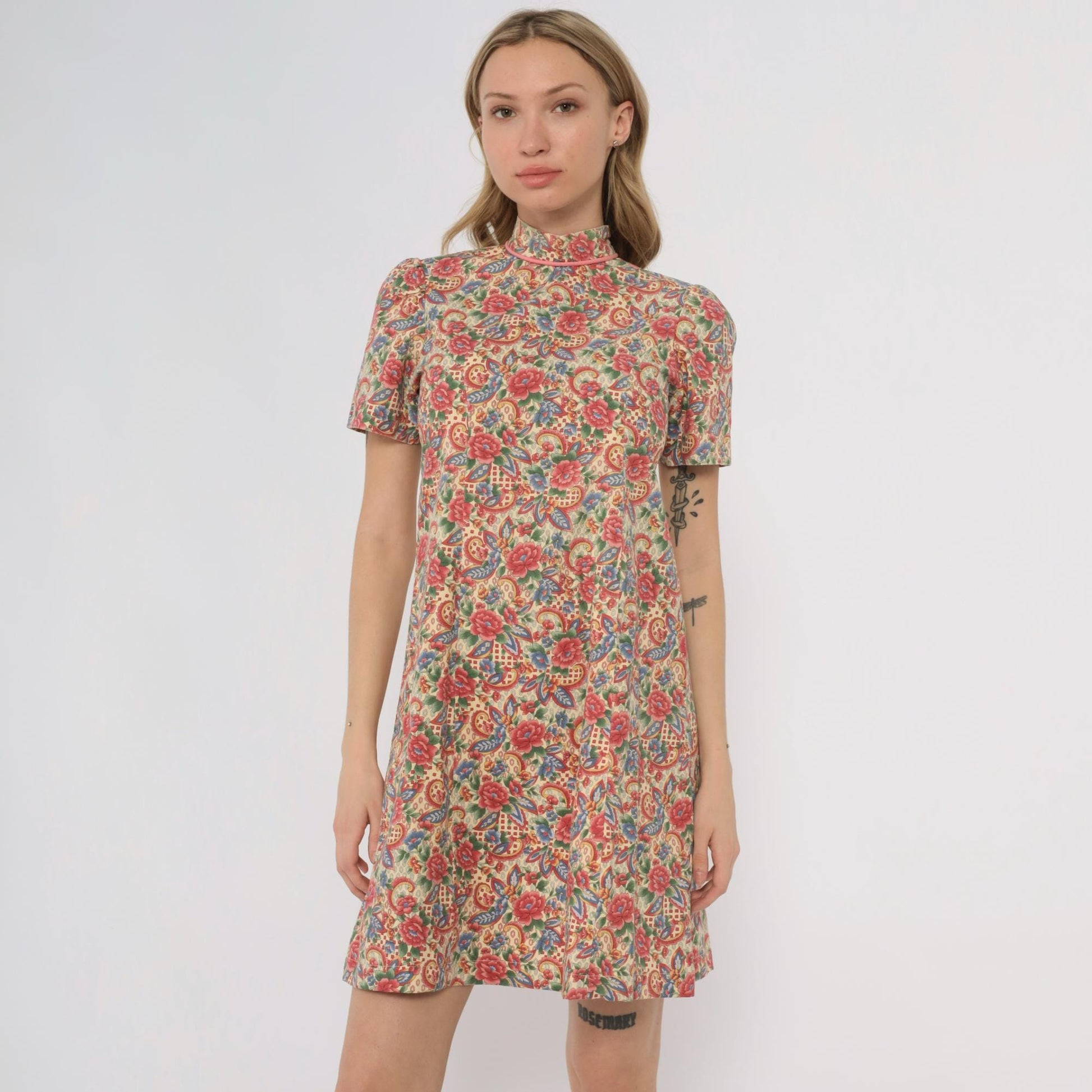 70s Floral Paisley Print Mock Neck Midi Dress A-Line Cotton Extra Small XS